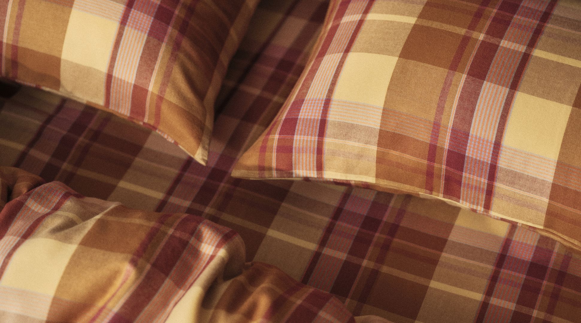 Gros plan sur deux coussins à carreaux aux teintes chaudes – nuances de marron, de rouge et de beige –, disposés avec soin.