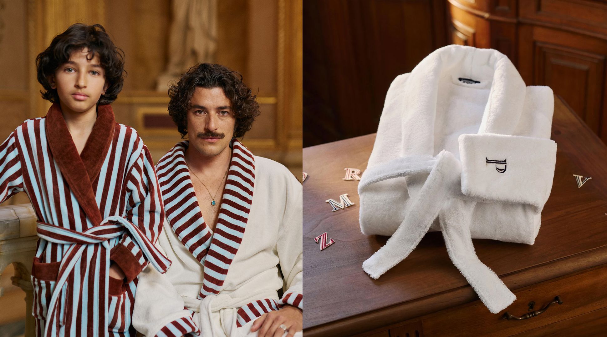Deux personnes vêtues de robes rayées, un enfant et un adulte, dans un cadre raffiné. À proximité, une robe blanche somptueuse ornée d'initiales brodées, posée sur une table en bois.