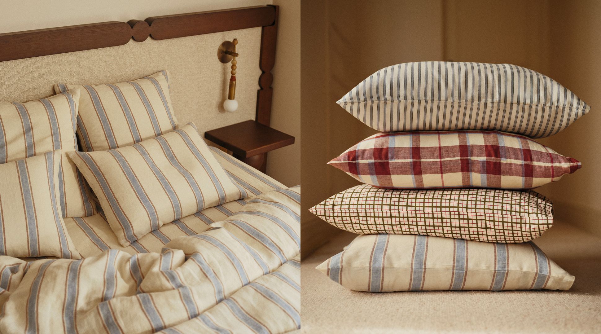 Une parure de lit rayée sur un lit, à côté d'une pile d'oreillers aux motifs variés (rayés et à carreaux), le tout sur un fond neutre.
