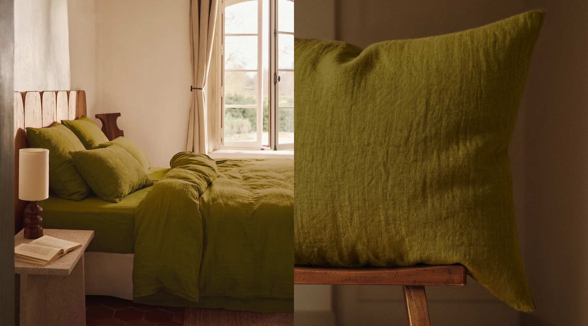 Une chambre douillette avec un couvre-lit et des oreillers vert olive, ainsi qu'un gros plan sur un oreiller de la même couleur posé sur une chaise en bois.