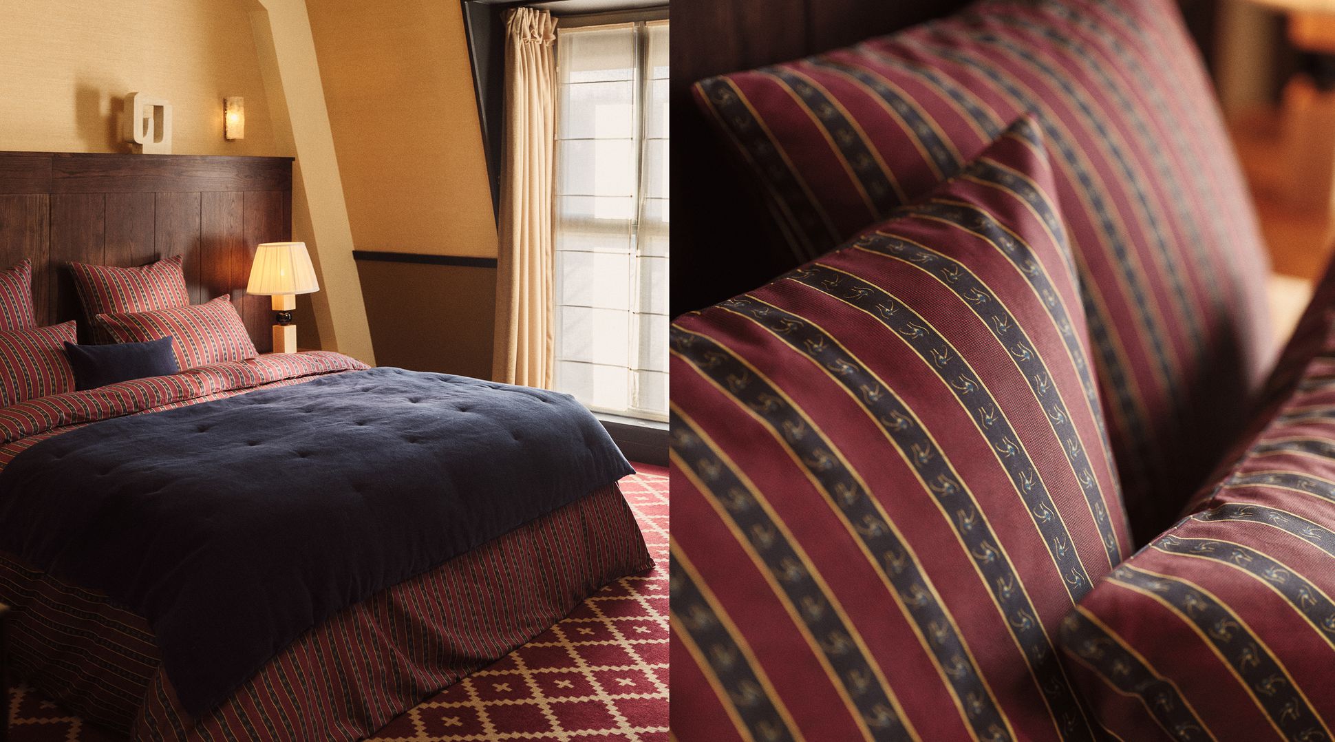 Cozy bedroom with a dark blue duvet and striped pillows, next to a wooden headboard and lamp. Close-up of red and blue striped pillow design.