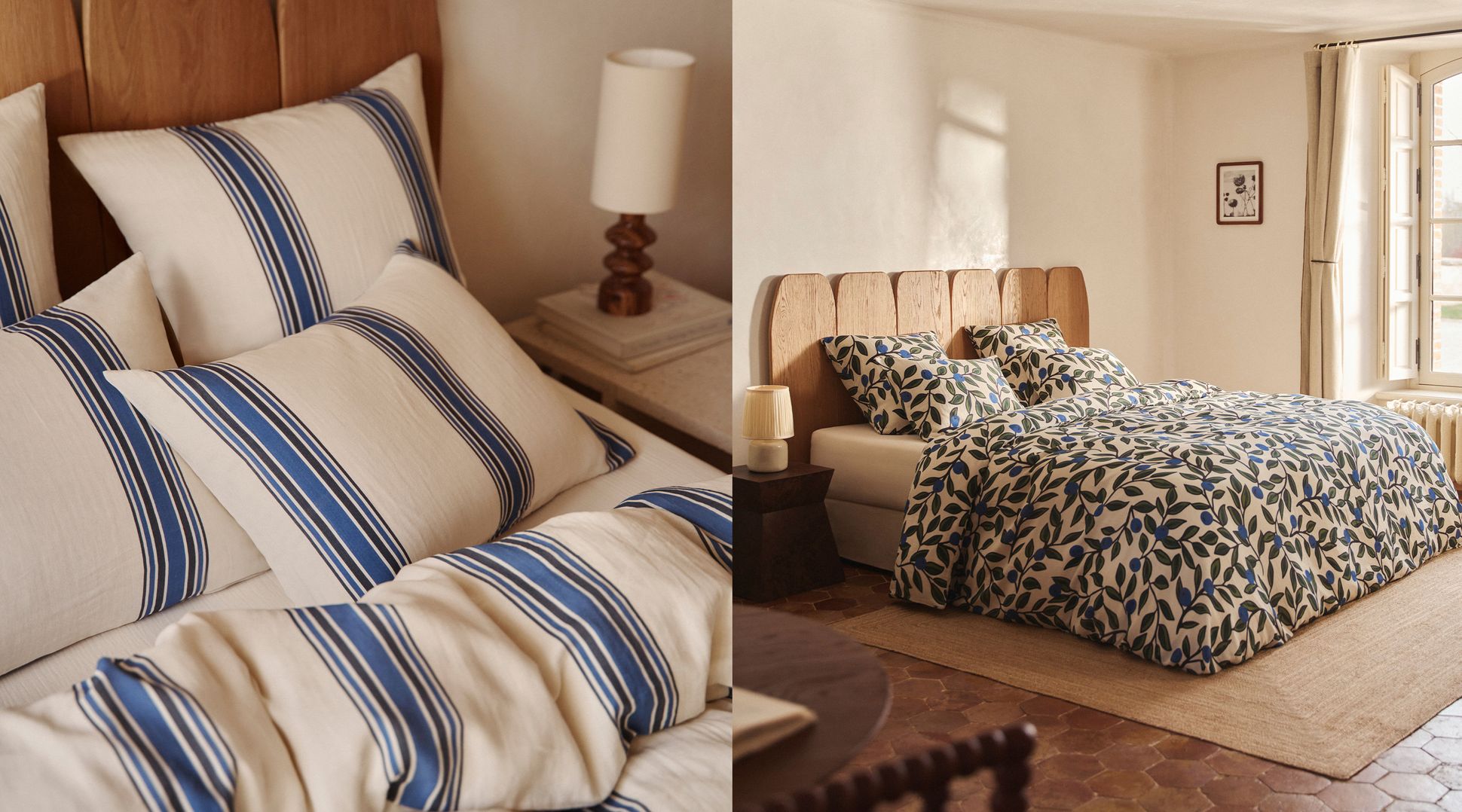 Chambre à coucher avec de la literie à motifs : l'une à rayures bleues et l'autre avec des motifs de feuilles bleues. Tête de lit en bois, lampe et décoration murale claire.