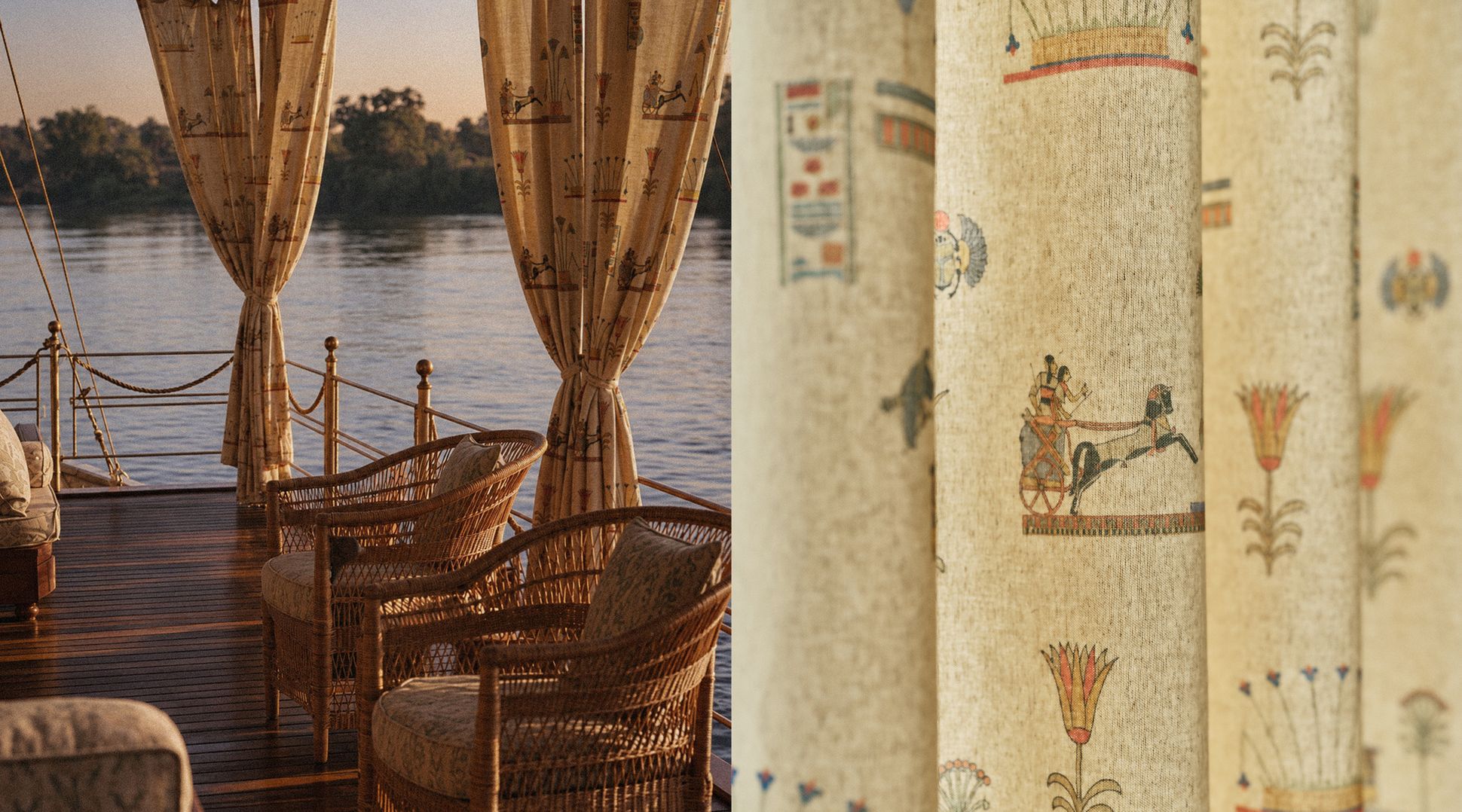 Wicker chairs and patterned curtains on a wooden deck overlooking a river; a close-up of the curtains shows Egyptian motifs.