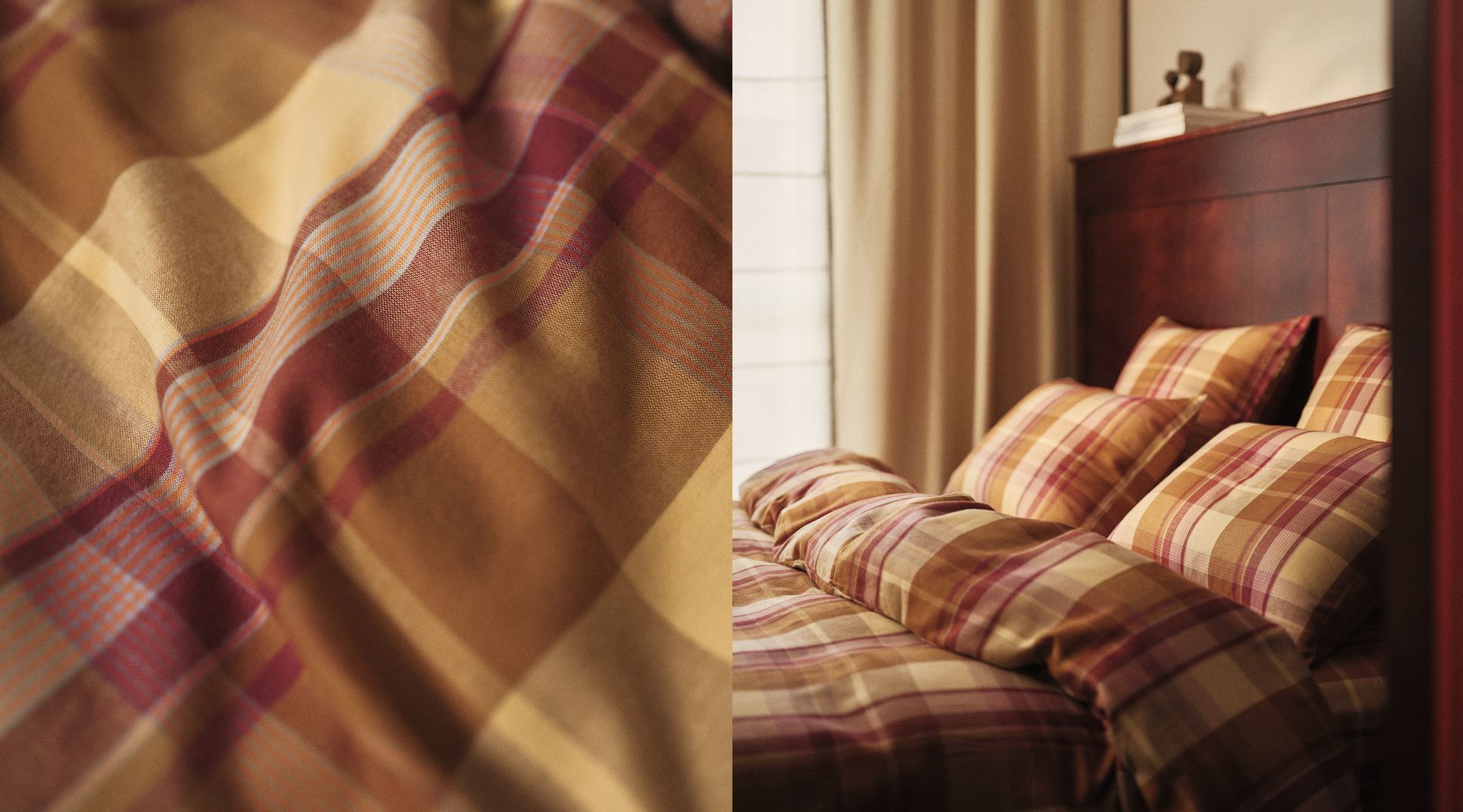 Gros plan sur un tissu à carreaux aux tons chauds, à côté d'une chambre à coucher où l'on voit une parure de lit à carreaux assortie et une tête de lit en bois.