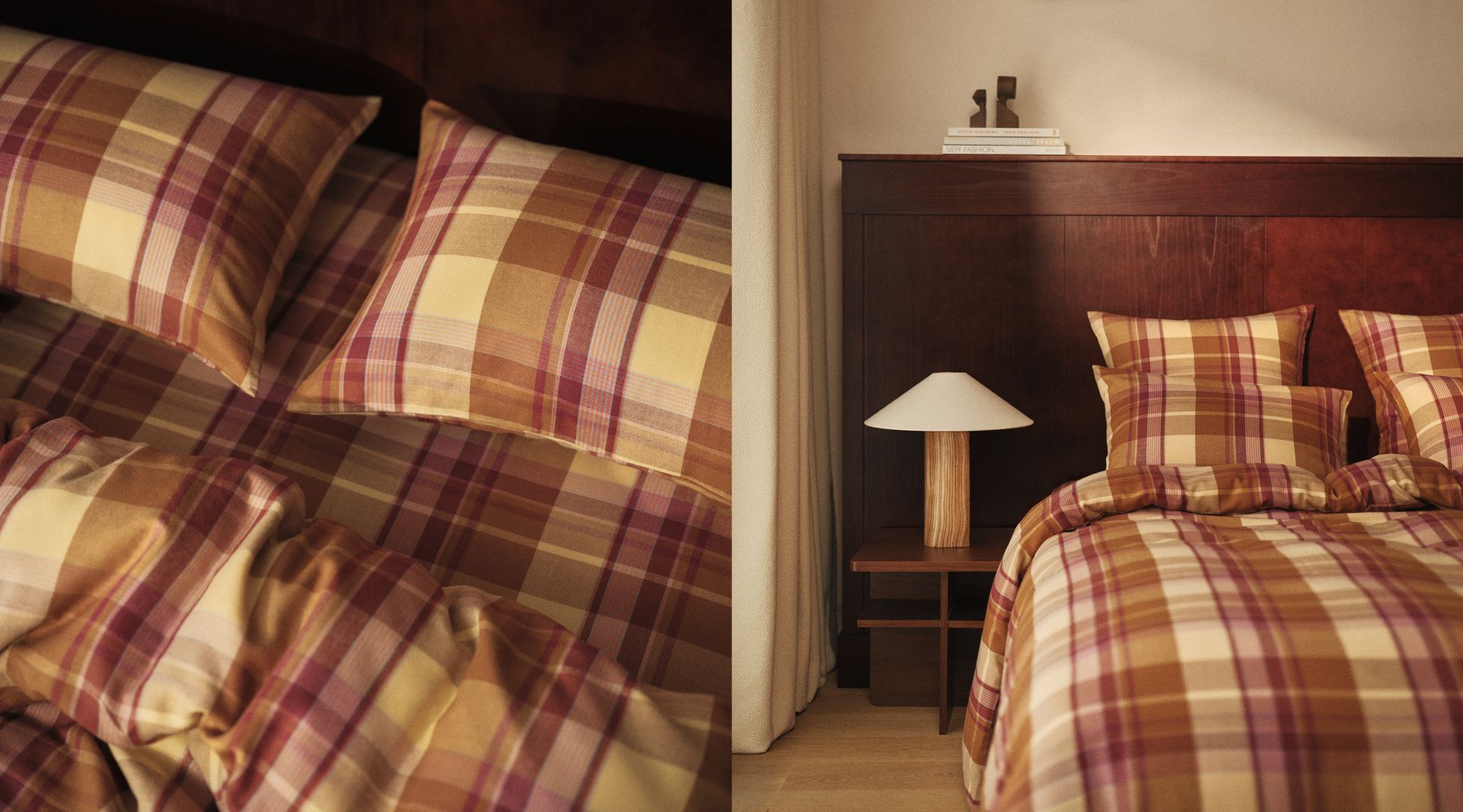 Ensemble de literie à carreaux dans les tons rouge, beige et jaune, agrémenté de deux oreillers assortis posés sur le lit, créant une ambiance chaleureuse et douillette.