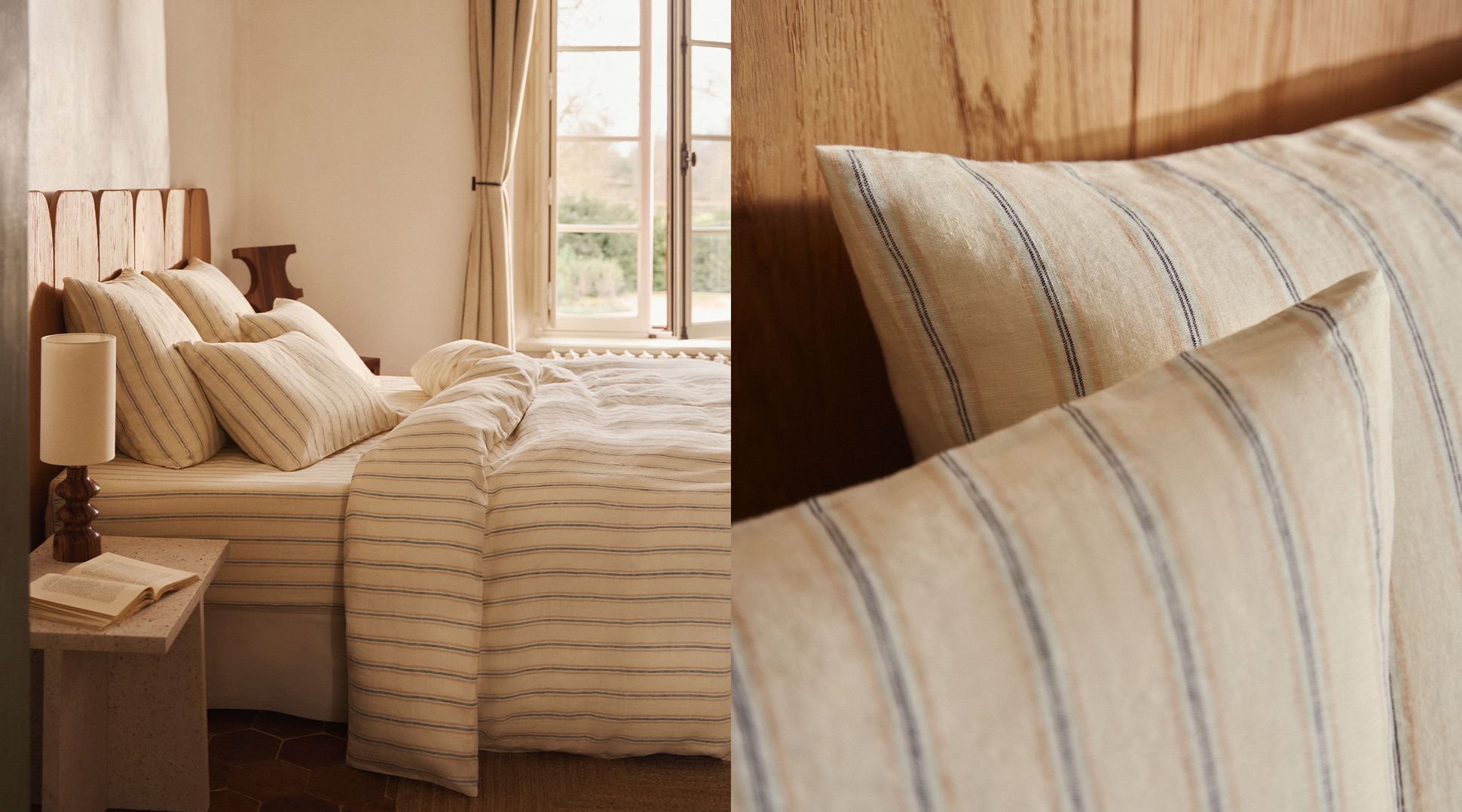 Une chambre douillette avec une parure de lit rayée, une tête de lit en bois, une vue depuis la fenêtre et une table de chevet sur laquelle repose un livre. Gros plan sur un oreiller vu de profil.
