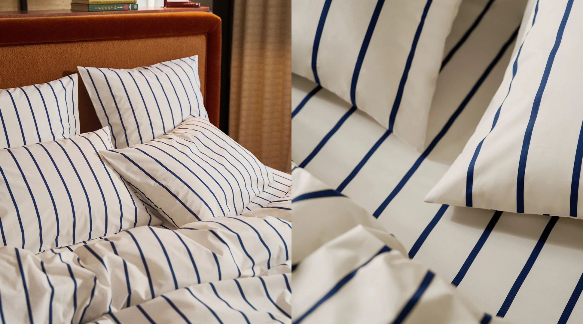 Un lit soigneusement fait avec des draps blancs délicatement rayés de bleu et des oreillers assortis, dans une chambre baignée d’une lumière douce et naturelle. Les fines rayures bleues apportent une touche de fraîcheur et d’élégance, évoquant une atmosphère apaisante et raffinée. La tête de lit, habillée de tissu clair, complète harmonieusement l’ensemble, tandis qu’une étagère garnie de livres et d’objets décoratifs ajoute une note chaleureuse et accueillante à la pièce.