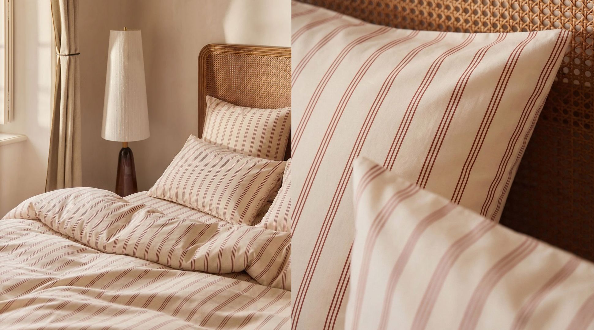 Une chambre lumineuse aux tons chaleureux, avec un lit soigneusement fait de draps beiges à fines rayures rouges. La tête de lit en cannage apporte une touche naturelle, tandis qu’une lampe élégante et un rideau clair complètent l’ambiance douce et apaisante.