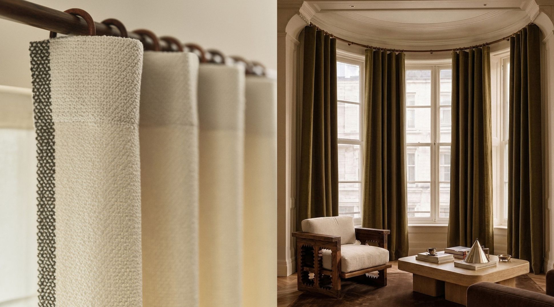 Gros plan sur des rideaux beiges texturés à gauche, et un salon chaleureux avec des rideaux foncés, des fauteuils en bois et une décoration moderne à droite.
