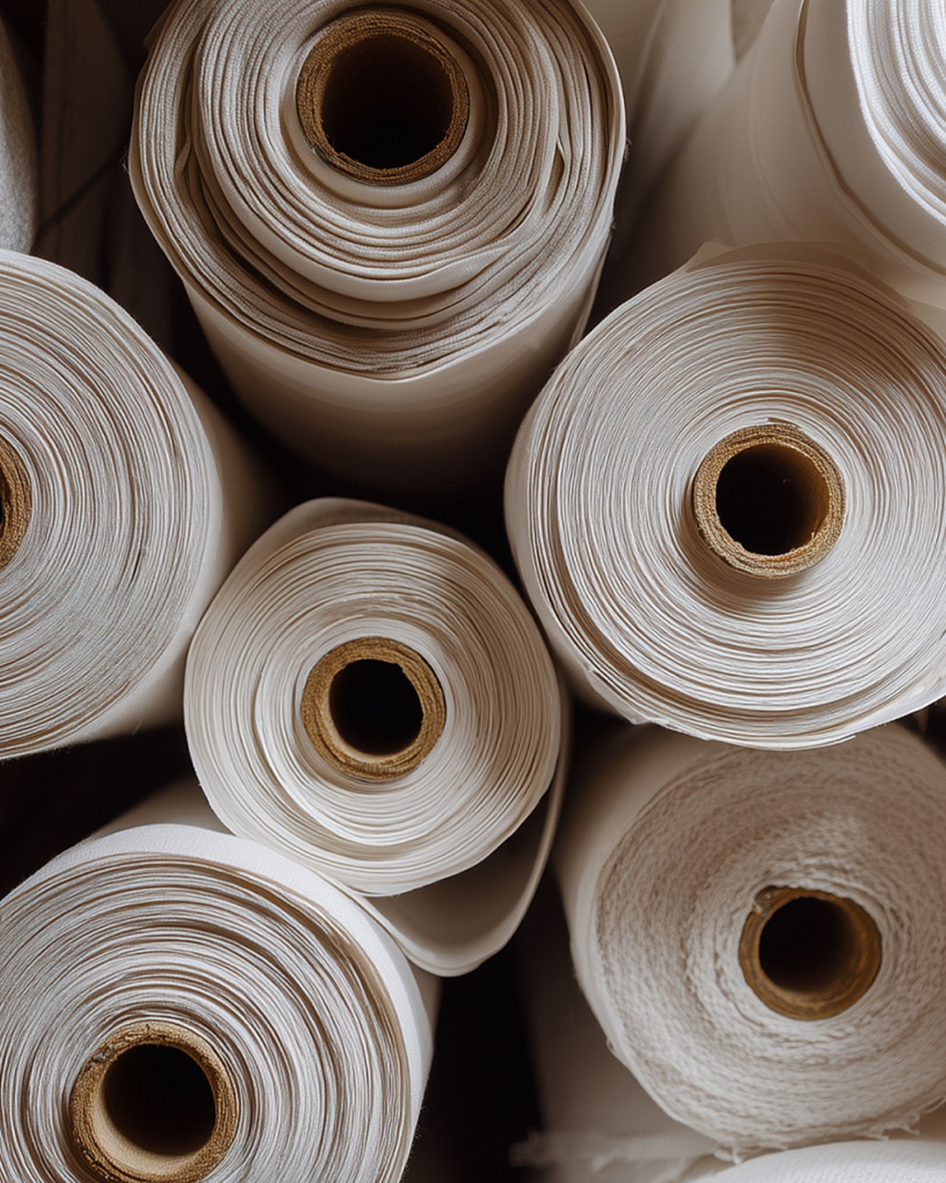 Gros plan sur plusieurs gros rouleaux de tissu blanc, chacun muni d'un mandrin en carton, disposés verticalement et serrés les uns contre les autres.