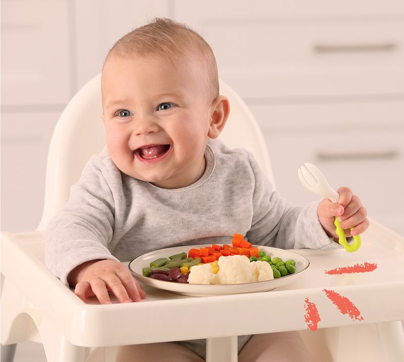 Immagine correlata al testo un bambino seduto sul seggiolone con davanti un piatto di verdura