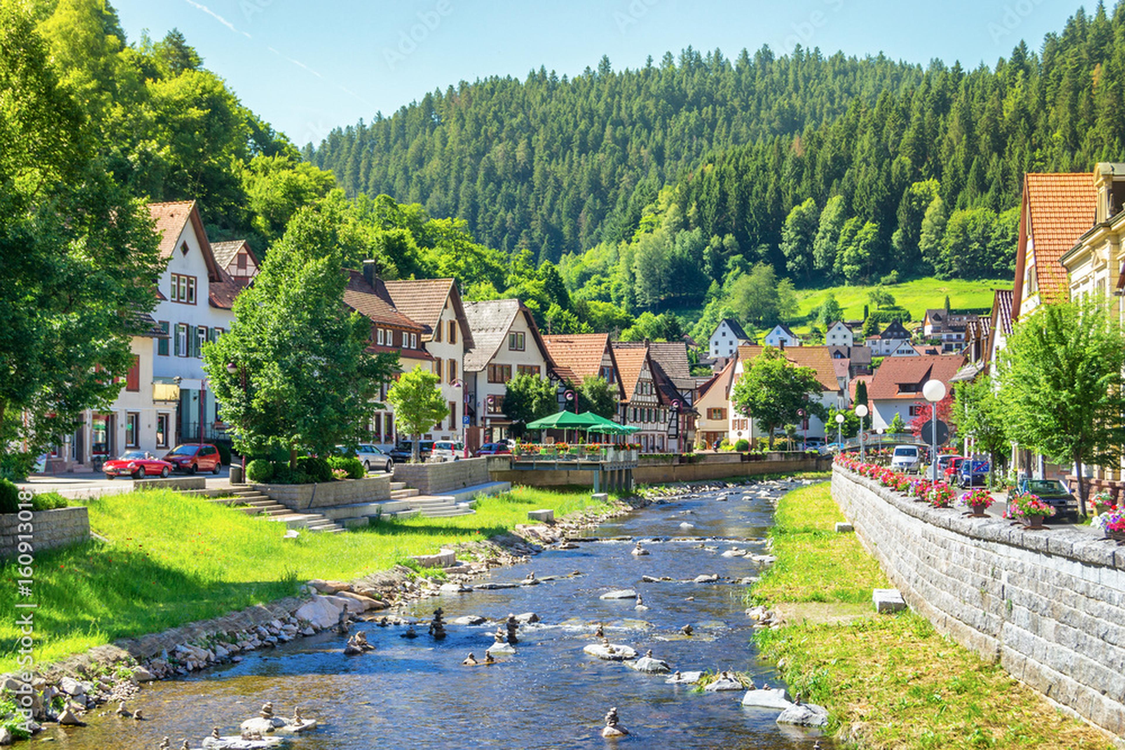 Quaint village with half-timbered houses along a flowing stream, surrounded by lush green hills and dense forest.