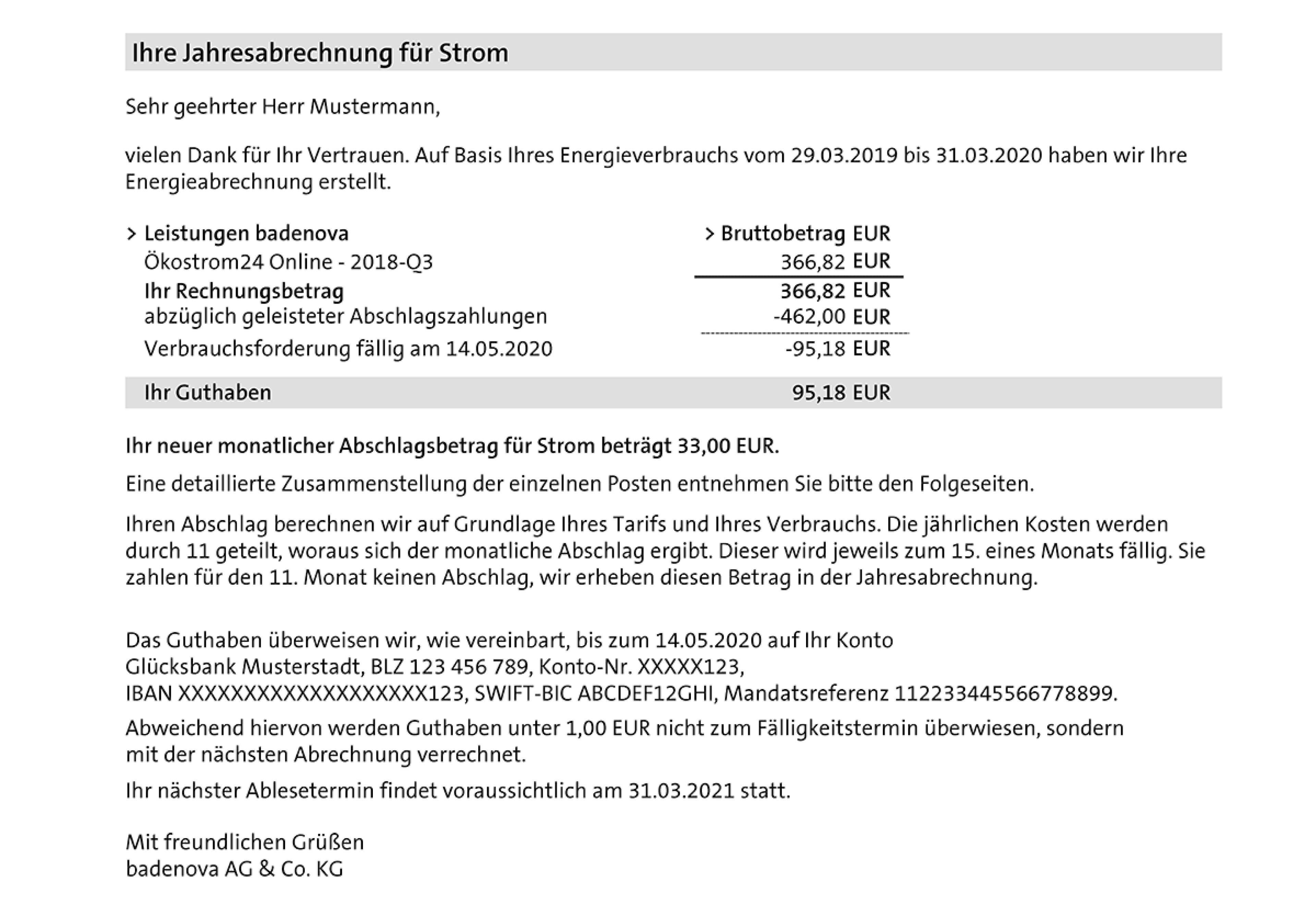 Beispielhafte Stromrechnung von Badenova
