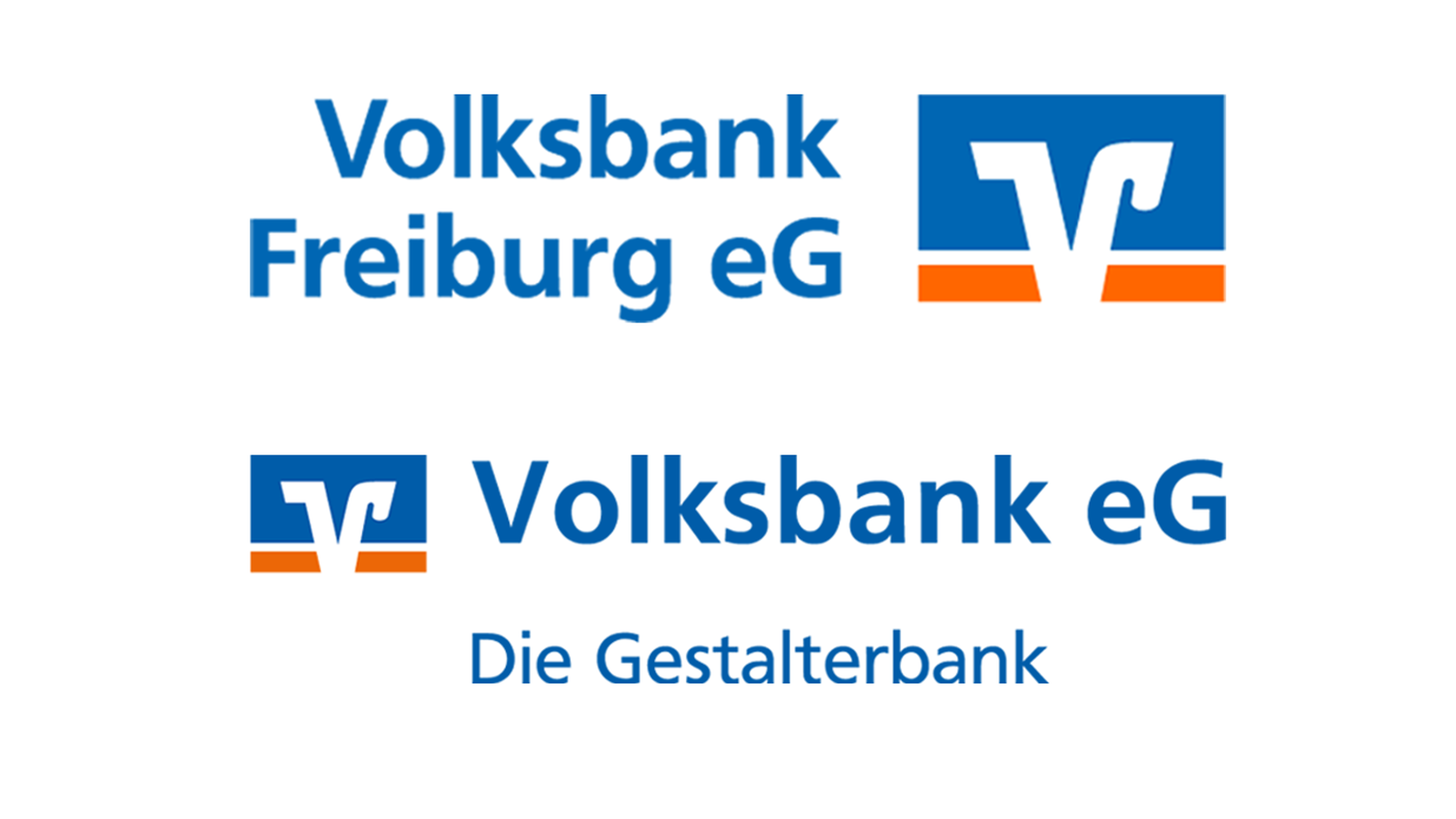 Die Logos der Volksbank Freiburg eG and Volksbank eG Gestalterbank untereinander