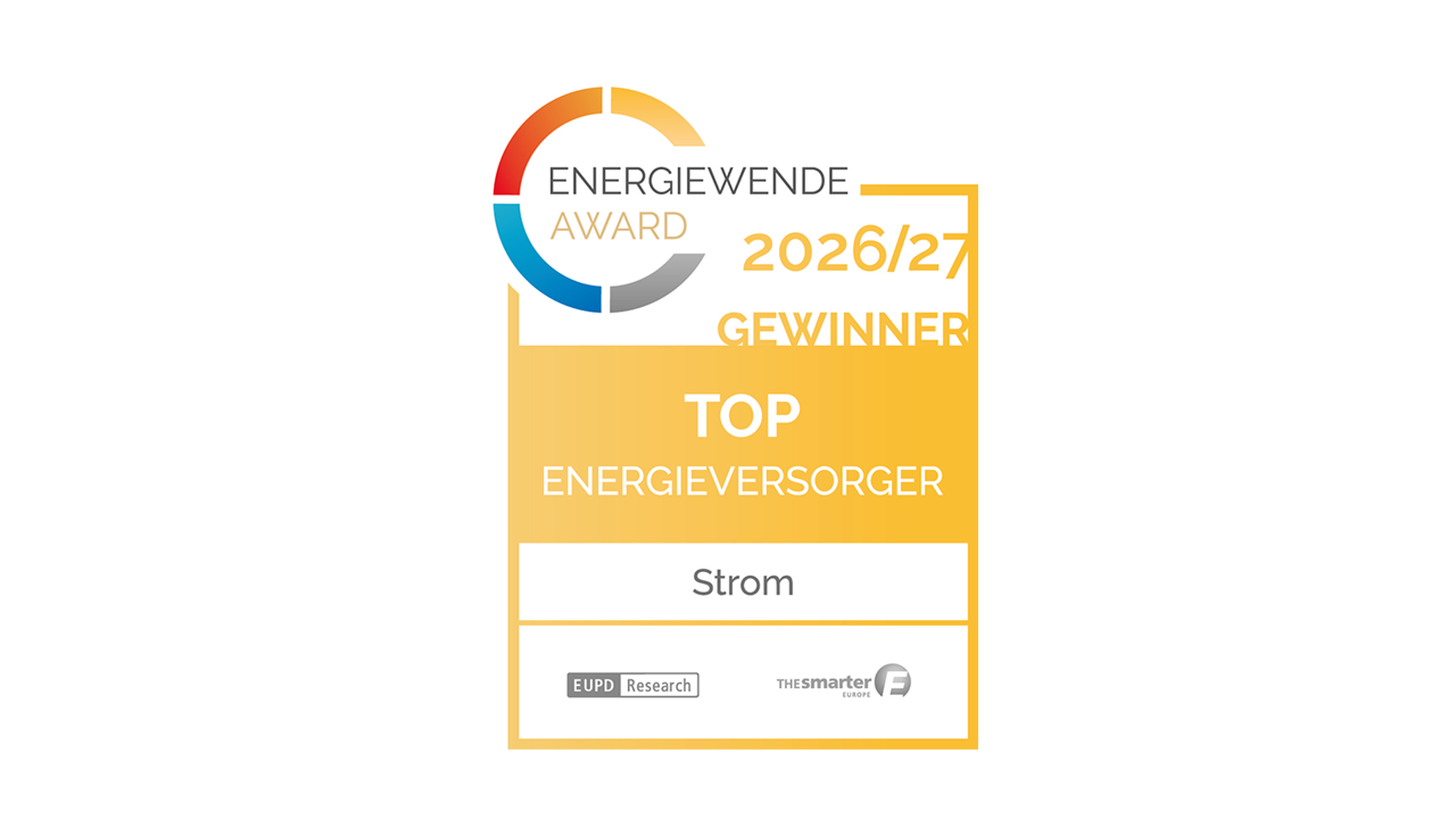 Gewinner des Energiewende-Awards 2026/27 als bester Energieversorger im Bereich Strom, mit den Logos von EUPD Research und The Smarter E.
