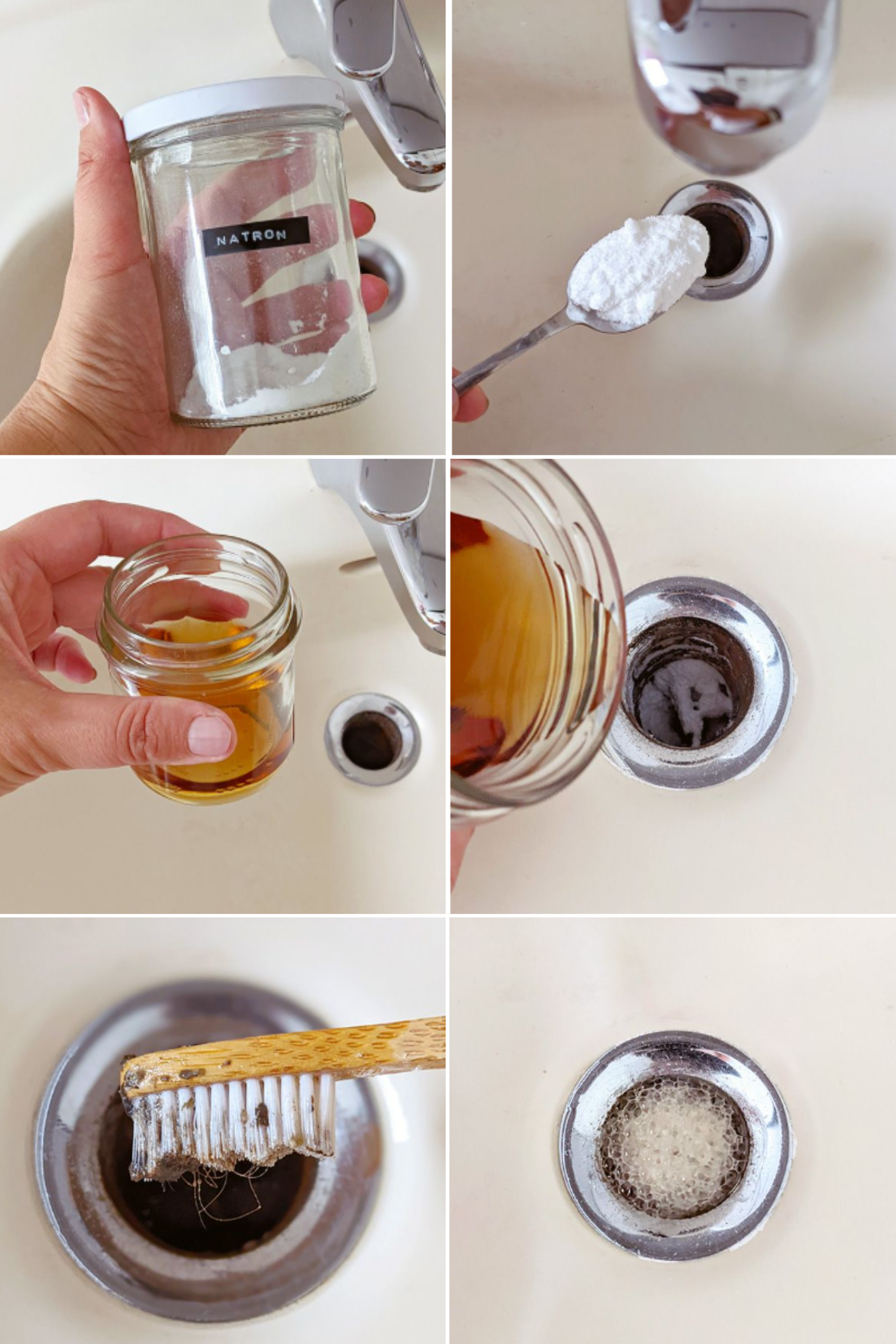Eine Schritt-für-Schritt-Anleitung zur Reinigung eines Waschbeckenabflusses mit Backpulver, Essig und einer Zahnbürste, die zu einem sauberen, glänzenden Abfluss führt.
