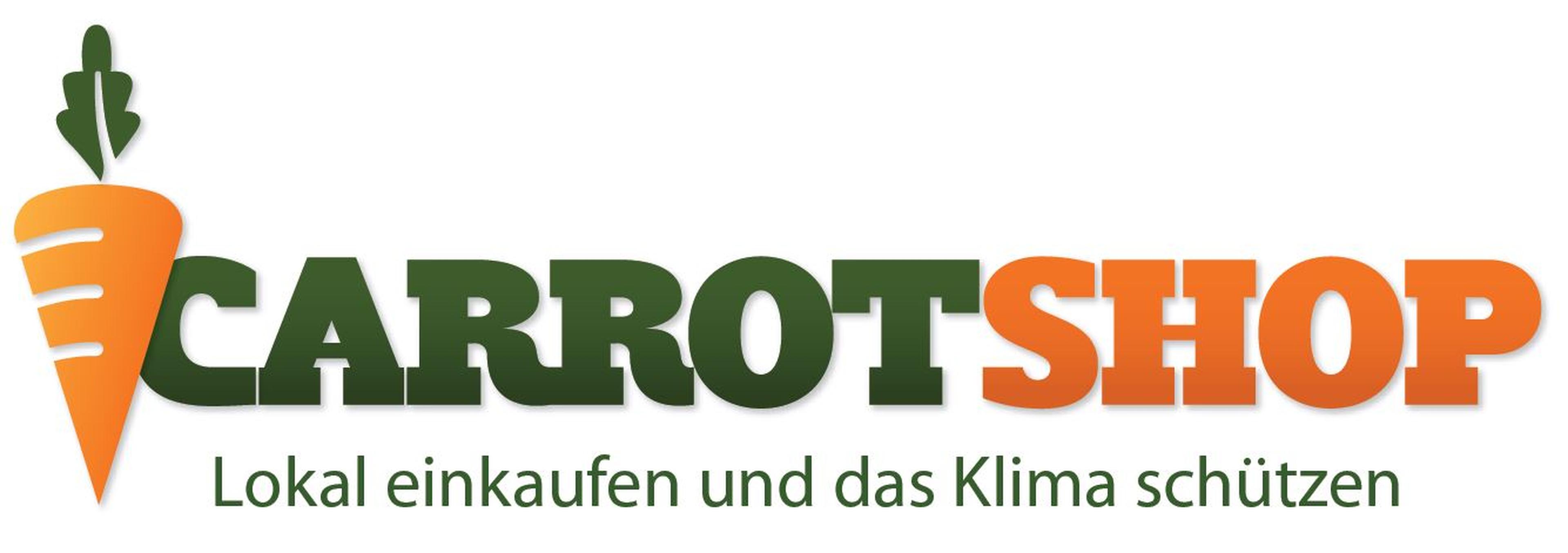 Logo mit einer Karottengrafik und dem Schriftzug „CARROTSHOP” in Grün und Orange. Der deutsche Text darunter lautet „Lokal einkaufen und das Klima schützen”.