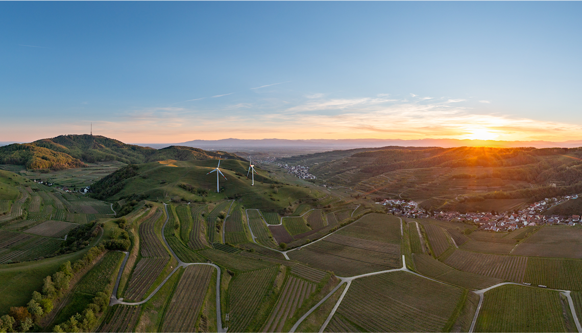 Blick über den Kaiserstuhl auf eine grüne Landschaft mit Windrädern