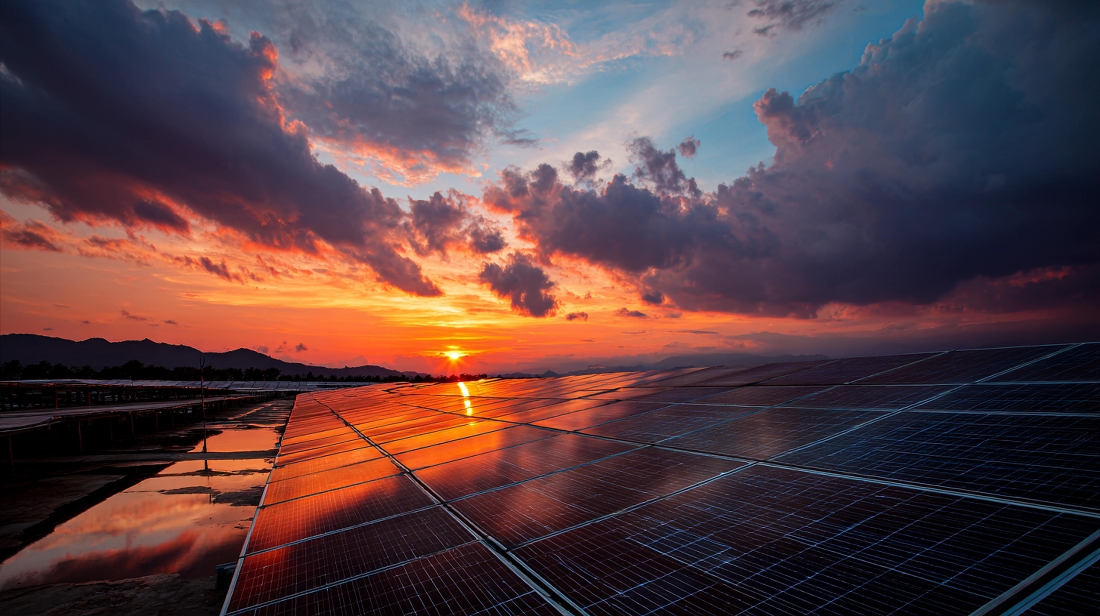 Reihen von Photovoltaik Paneelen reflektieren einen feurigen Sonnenuntergang unter dramatischen Wolken mit sich abzeichnenden Bergen am Horizont.