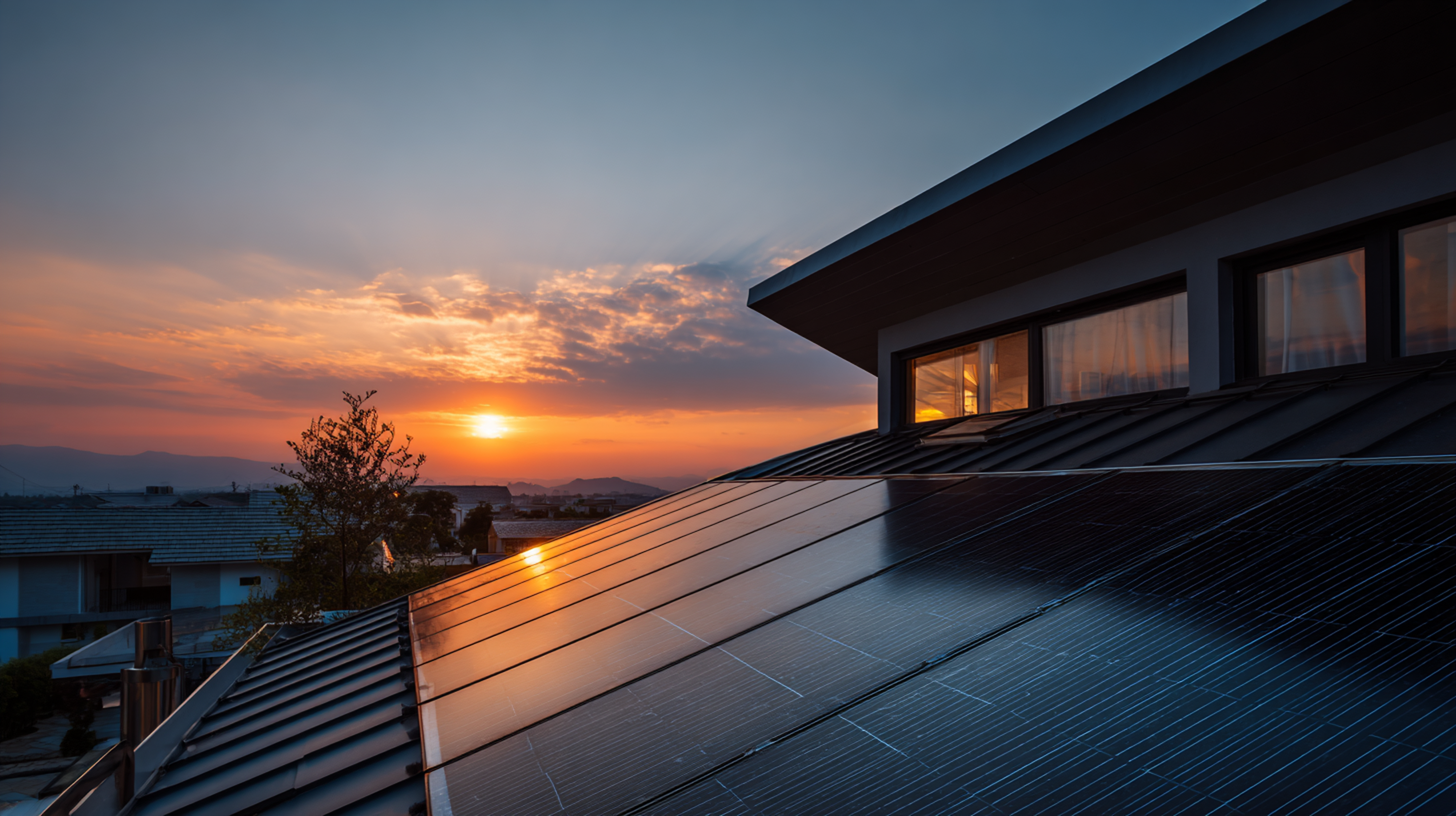 Ein Haus mit Photovoltaik Paneelen auf einem schwarzen Vordach, im Hintergrund sieht man eine Stadt und am Horizont eine Bergkette