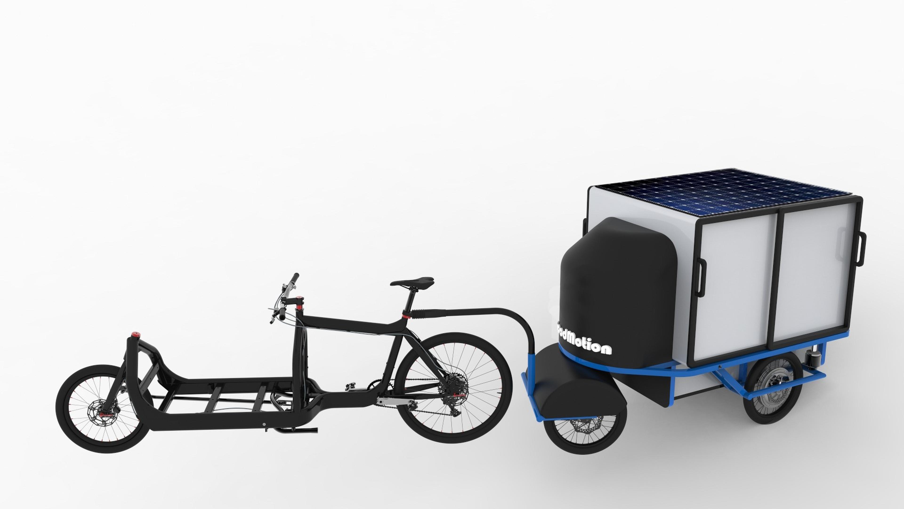 Elektrisches Lastenfahrrad mit solarbetriebenem Anhänger, mit schwarzem Rahmen und blauen Akzenten, konzipiert für nachhaltigen Transport.