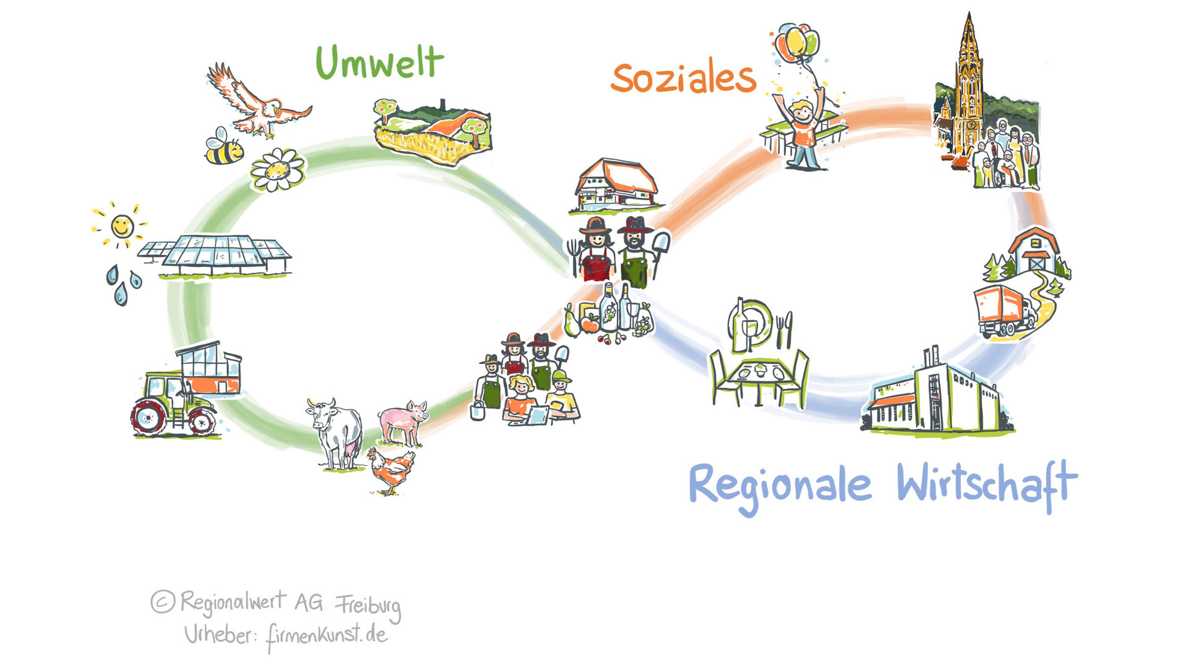Illustration eines Nachhaltigkeitskonzepts mit miteinander verbundenen Themen: Umwelt, soziale Aspekte und regionale Wirtschaft in einem Endloskreislauf.