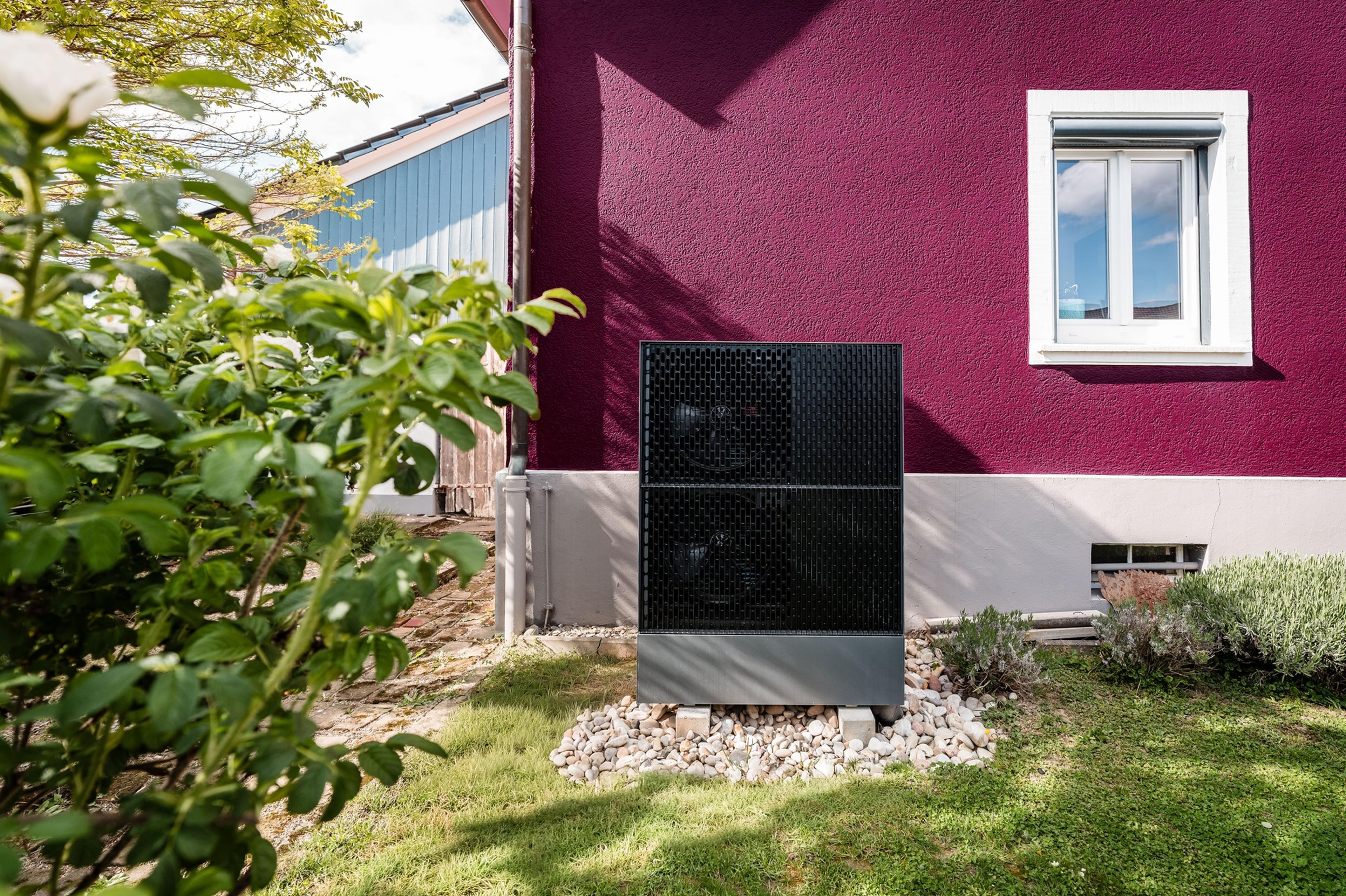 Eine schwarz Wärmepumpe vor einem Haus mit einer dunkelroten Wand und einem weißen Fenster. Im Vordergrund ist ein Rosenstrauch.