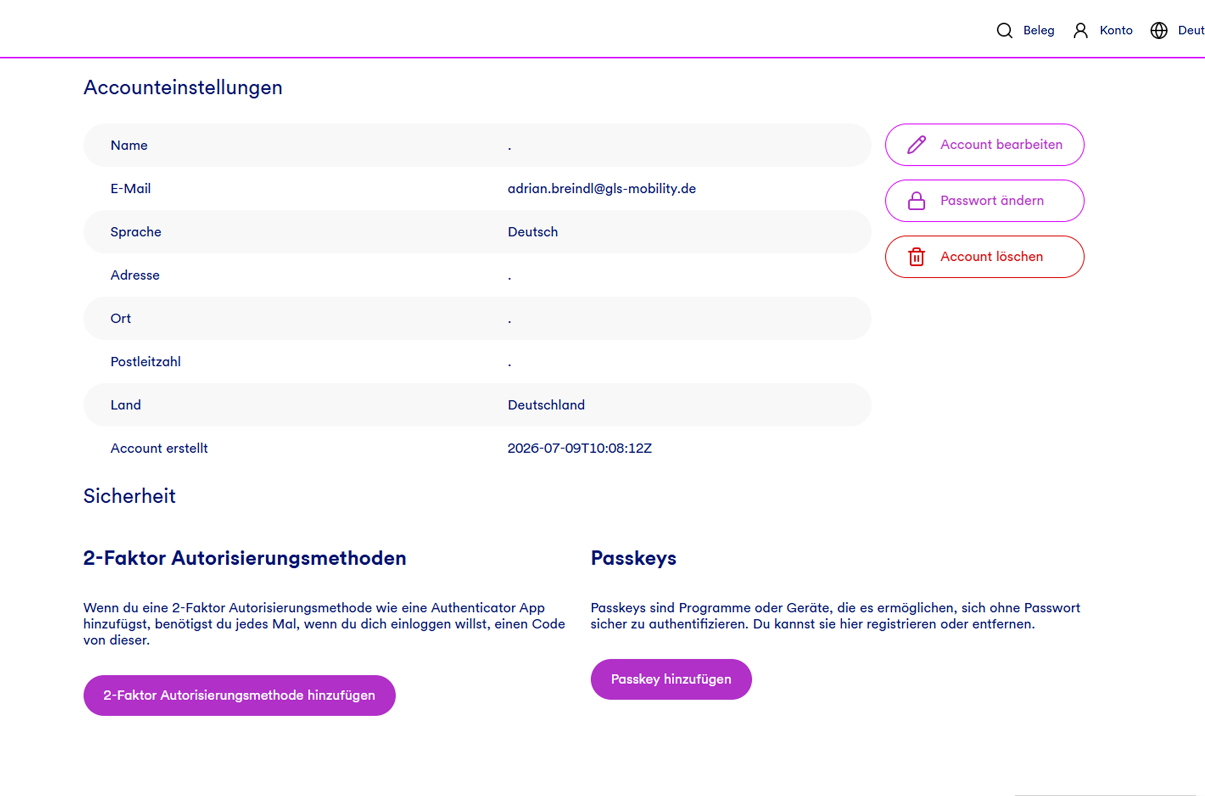 Accounteinstellungen der Webplattform bill.bo