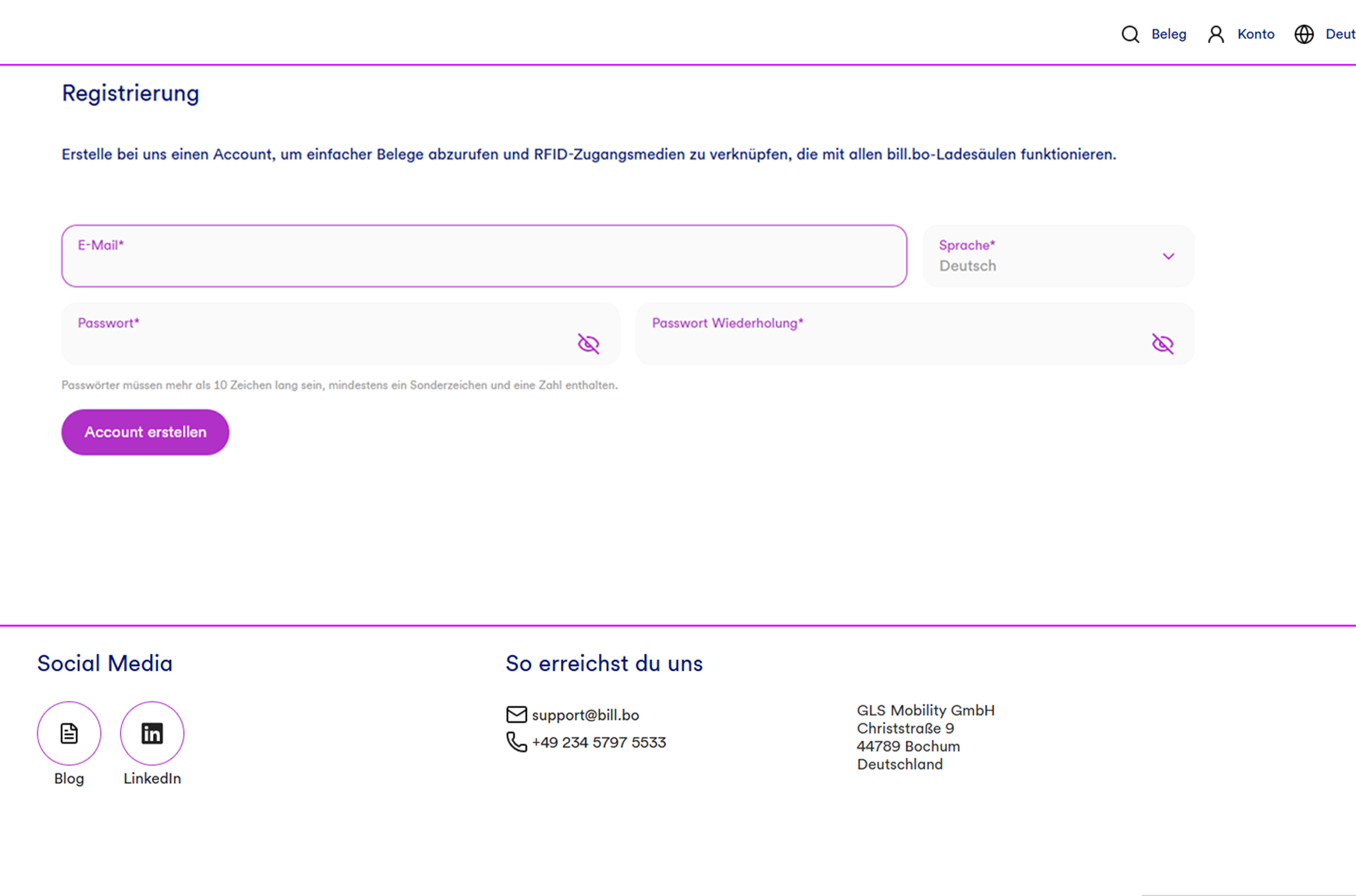 Registrierungsseite der bill.bo Plattform