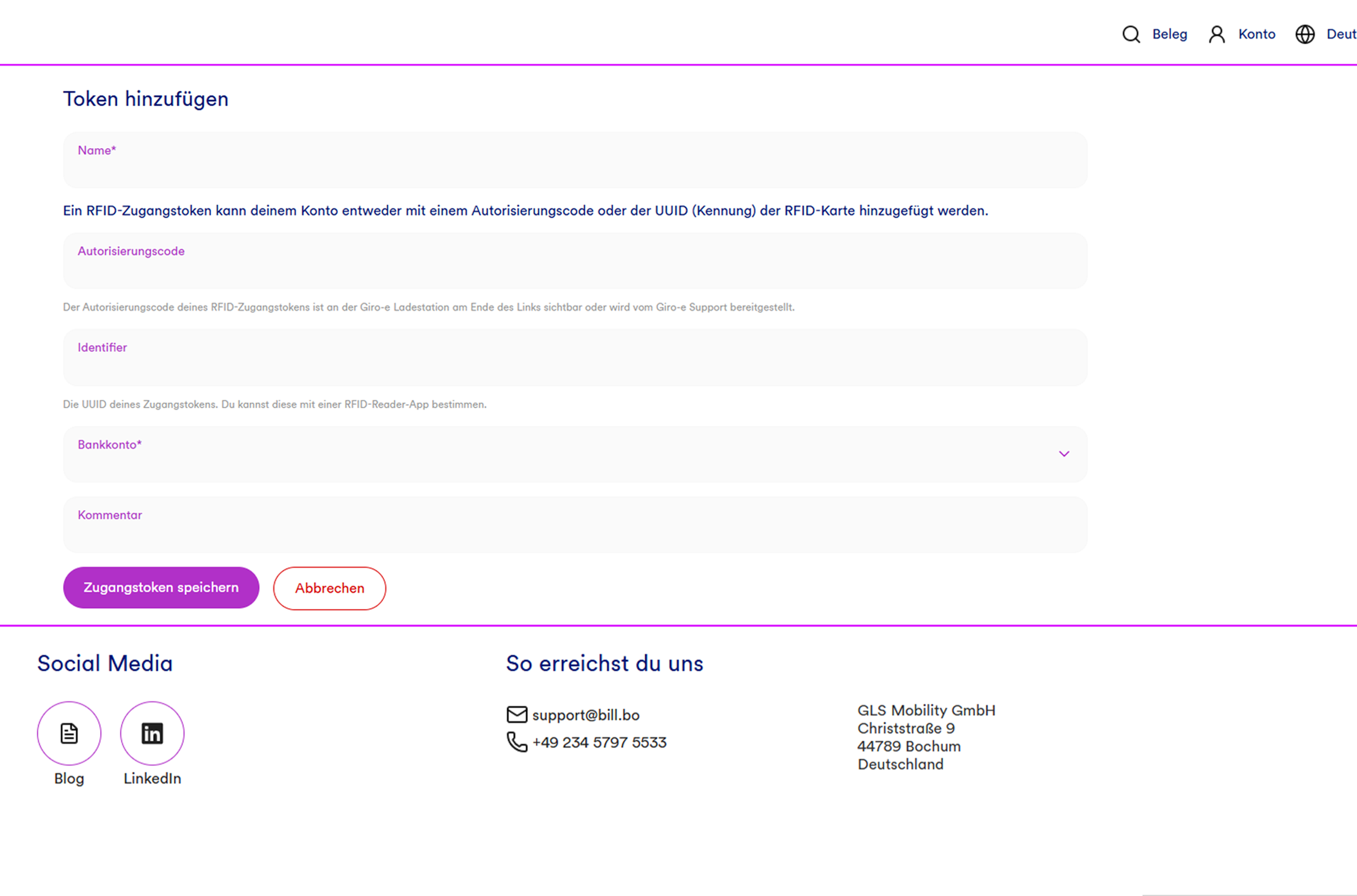 Zugangsmedien anlegen auf Webplattform bill.bo