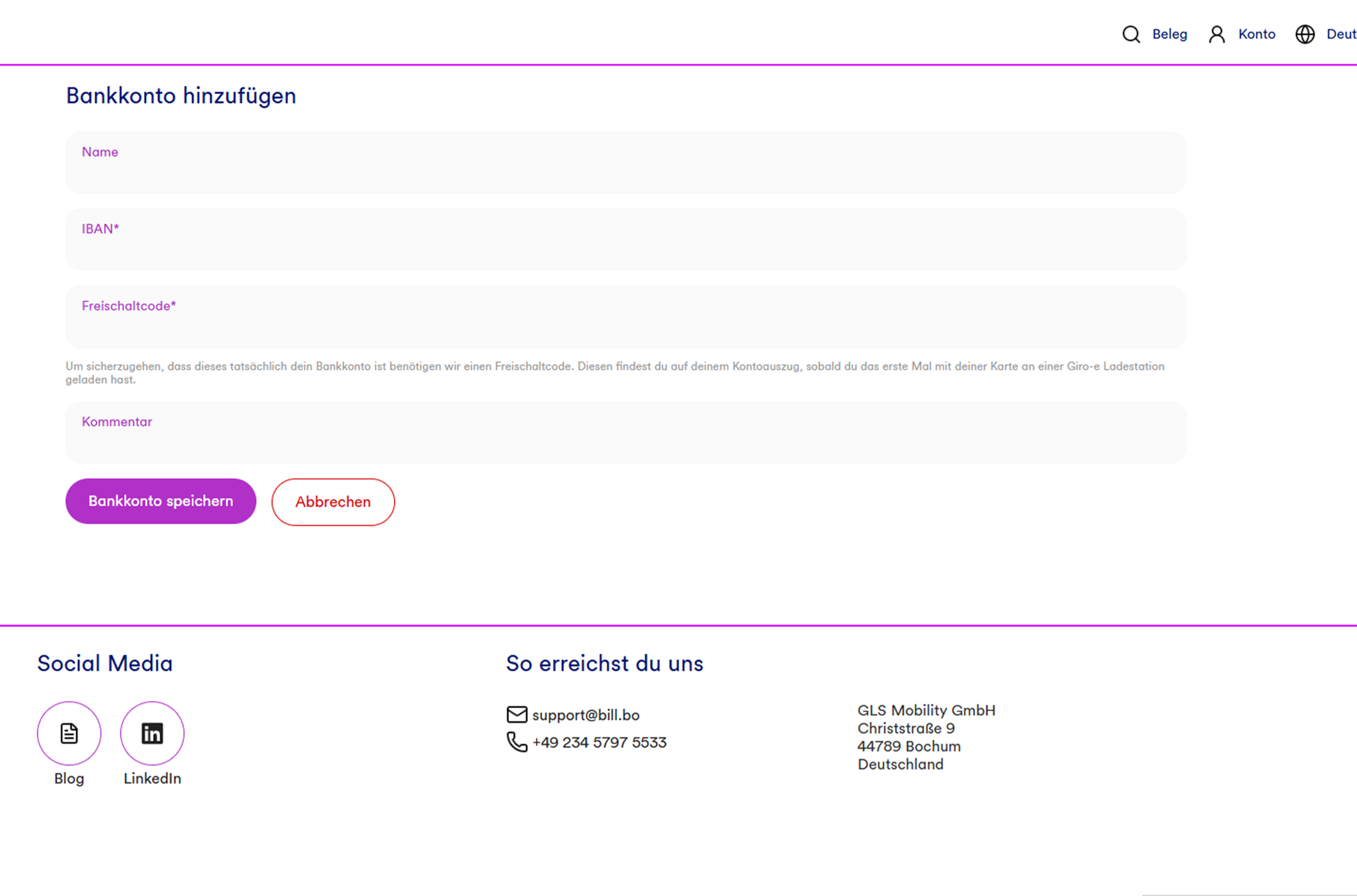 Bankkontoanlage der Webplattform bill.bo