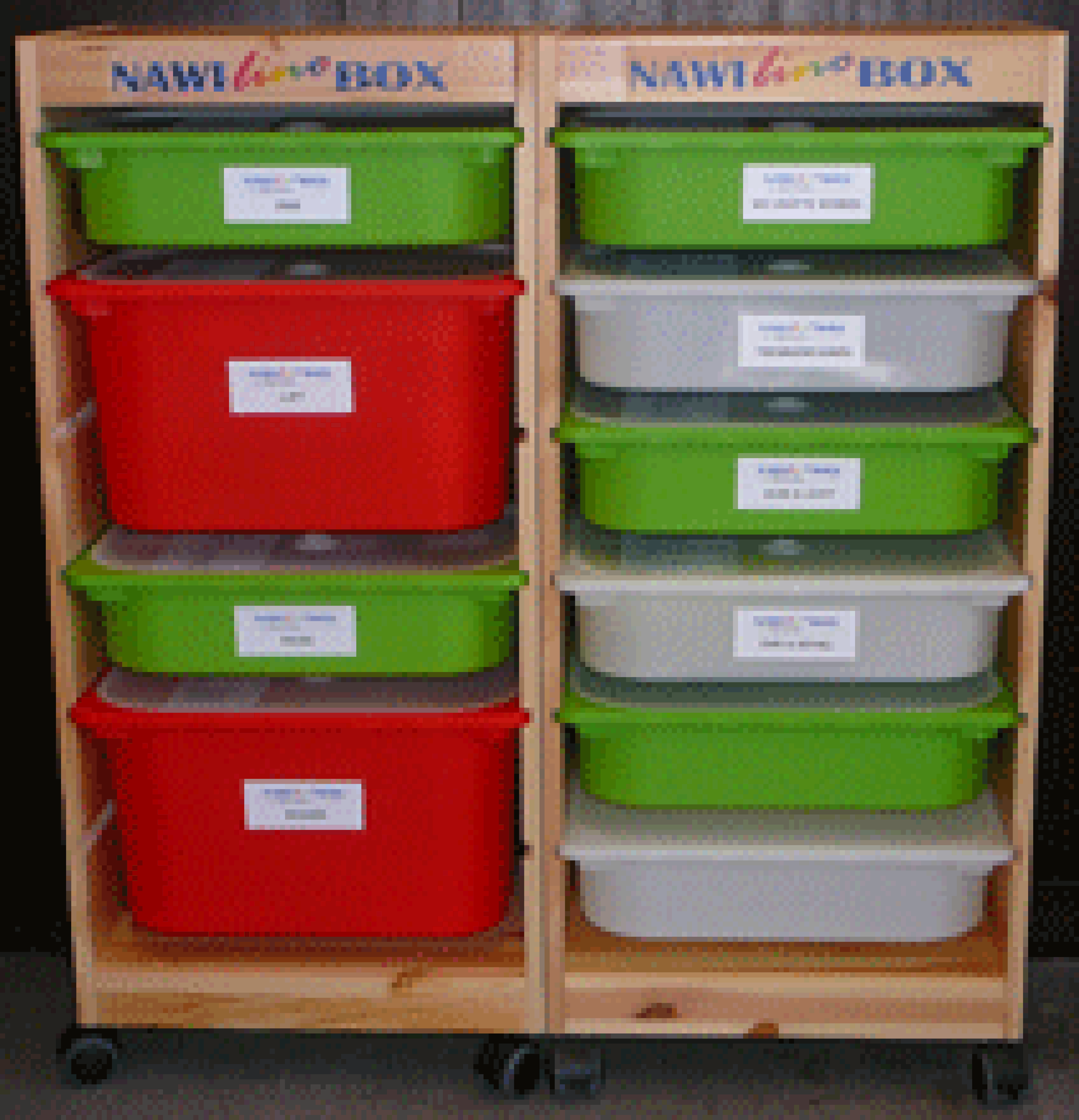 Holzwagen mit beschrifteten, stapelbaren grünen, roten und grauen Behältern, die jeweils mit gut lesbaren Etiketten versehen sind, unter dem Schriftzug „NAW Live BOX“.