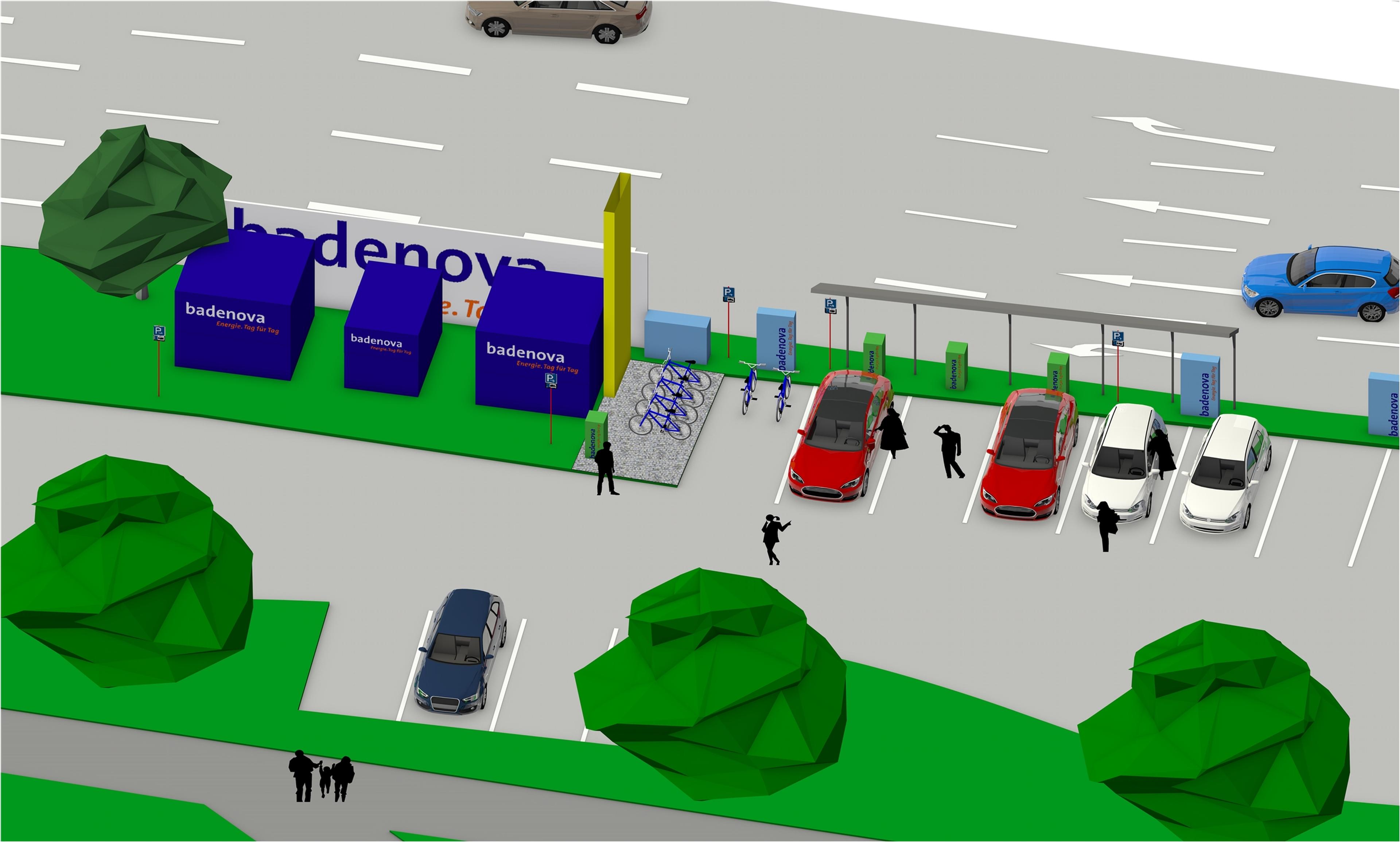 Illustration einer Ladestation für Elektrofahrzeuge mit Autos, Ladepunkten, Fahrrädern und Menschen, neben einer Straße und Grünflächen.