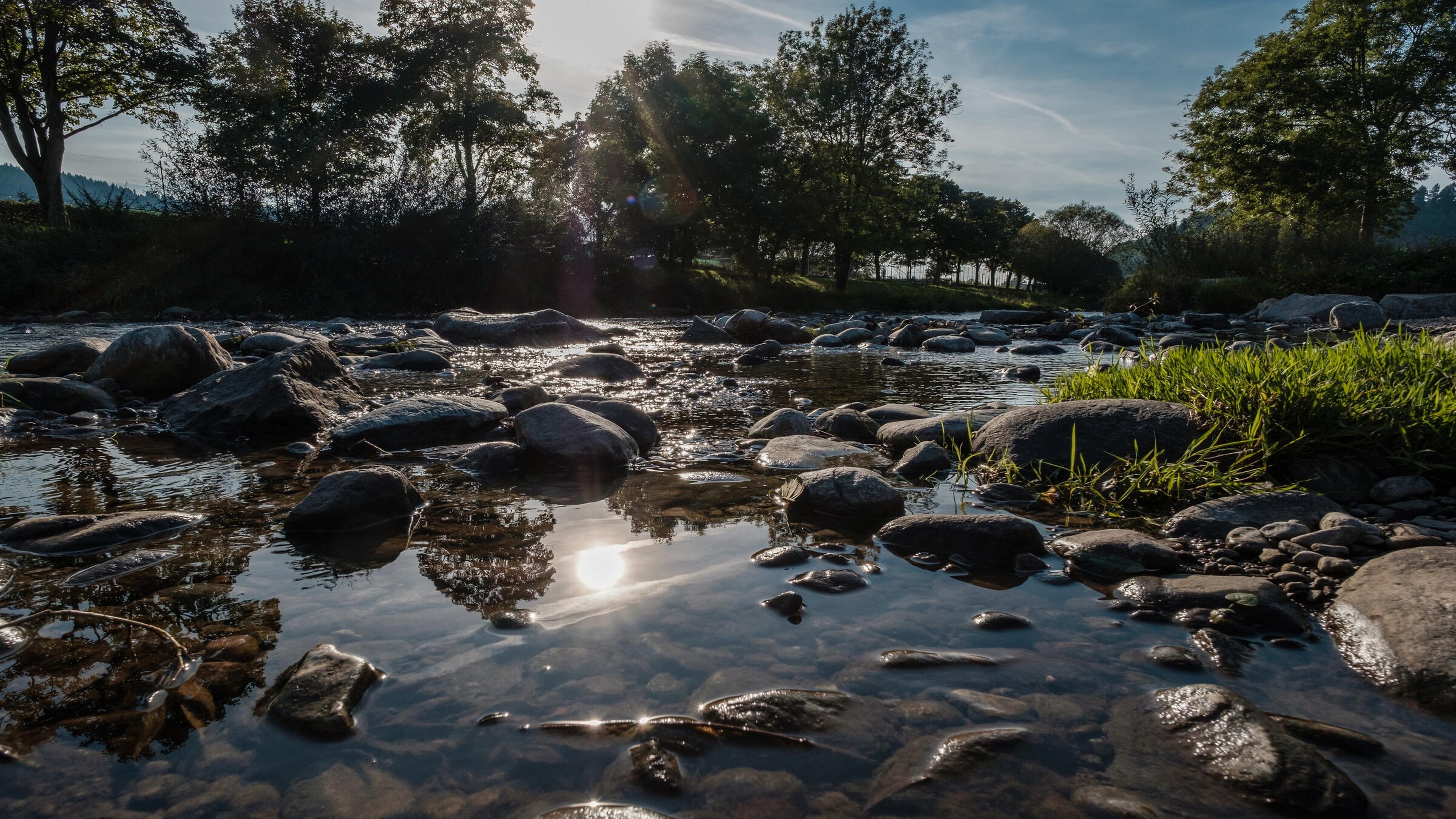 Ein ruhiger Bach mit Felsen und Gras im Vordergrund, der das Sonnenlicht reflektiert und von Bäumen unter einem klaren blauen Himmel umgeben ist.