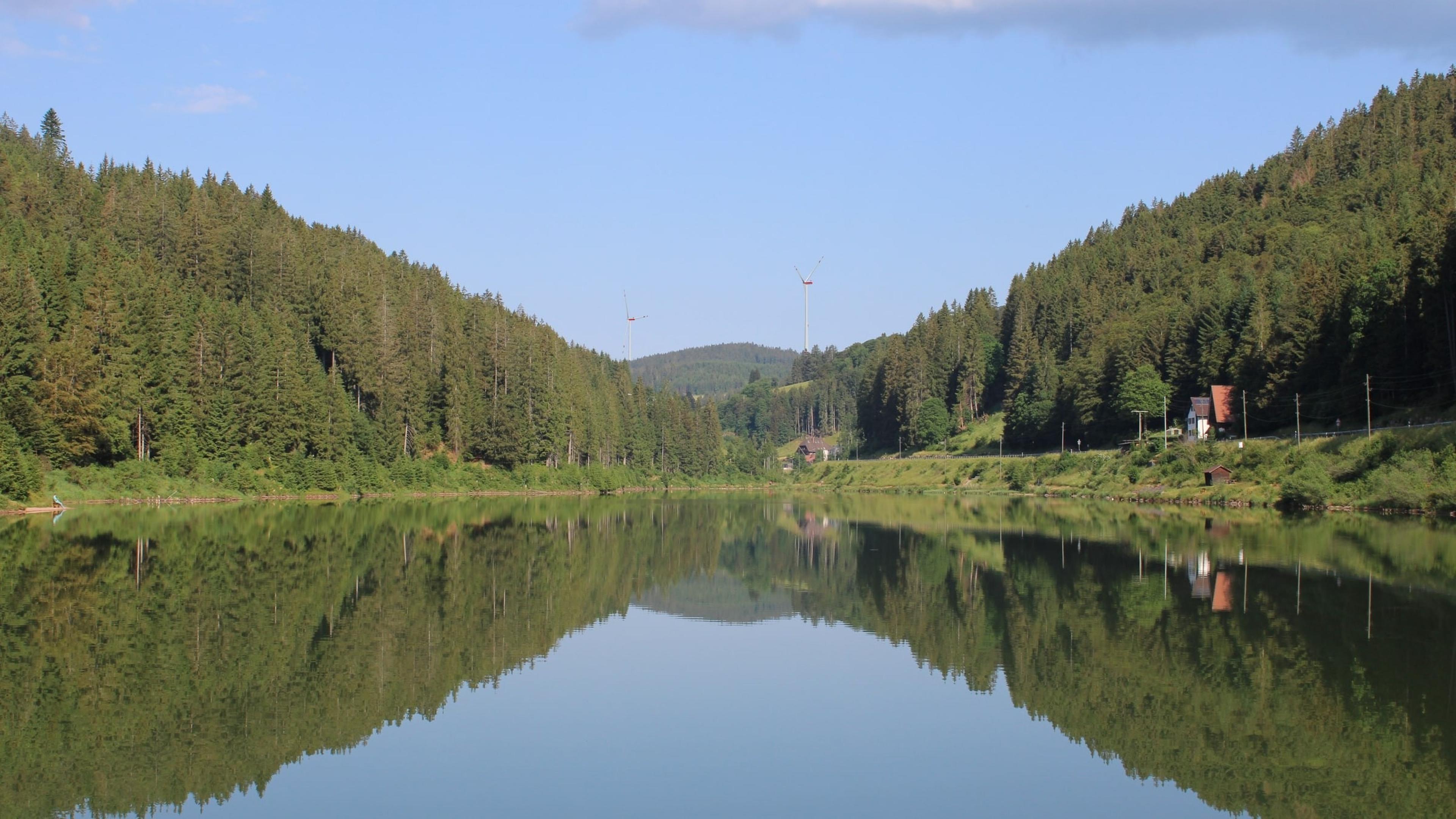 Visualisierung Windpark Linach, See vor Waldgebiet bei blauem Himmel