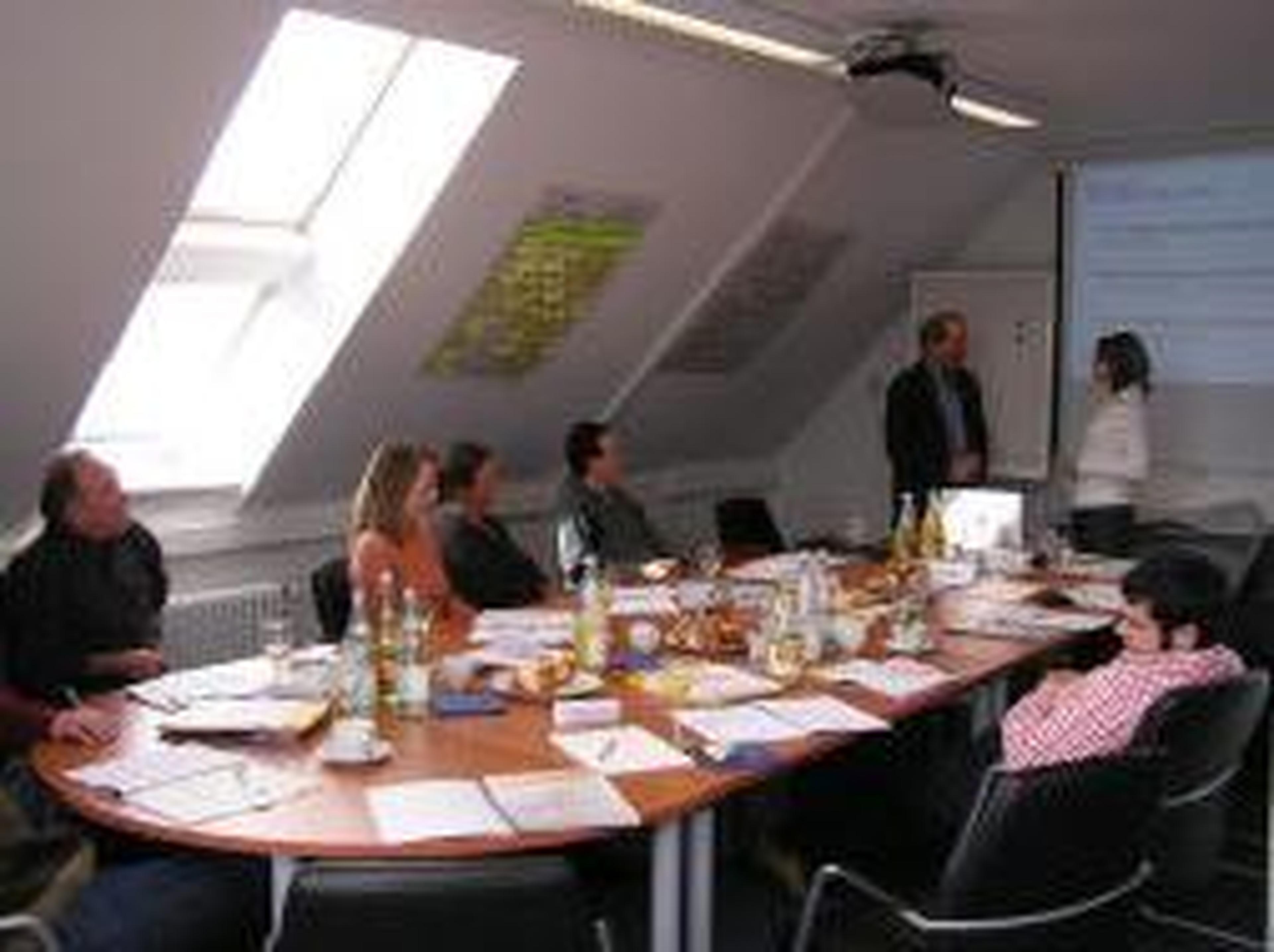 Personen, die an einem Konferenztisch in einem Besprechungsraum sitzen, während zwei Personen vor einer Projektionswand stehen.