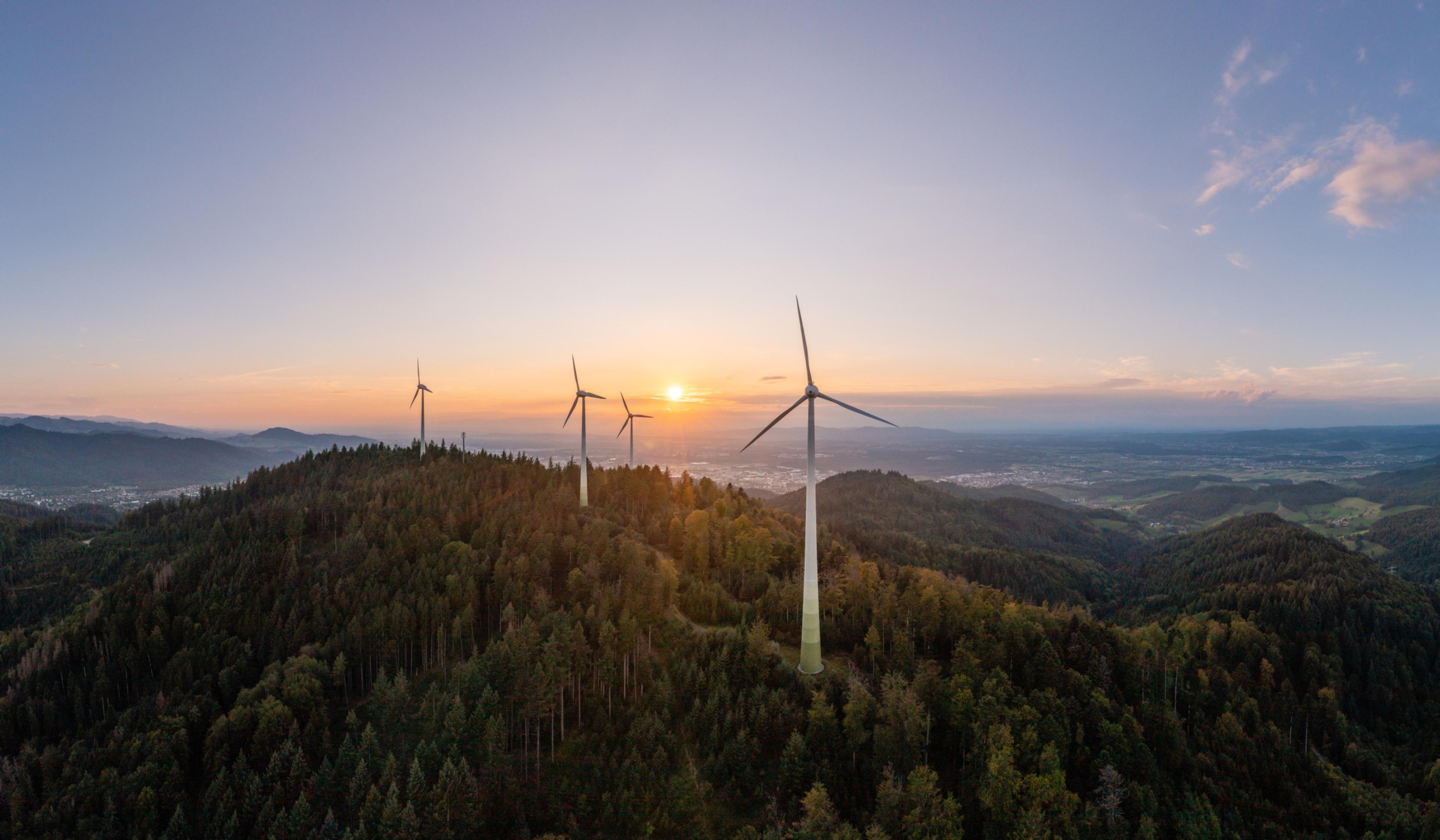 Windkraftanlagen auf einem bewaldeten Hügel bei Sonnenuntergang, mit Panoramablick auf ferne Berge und einen klaren Himmel.
