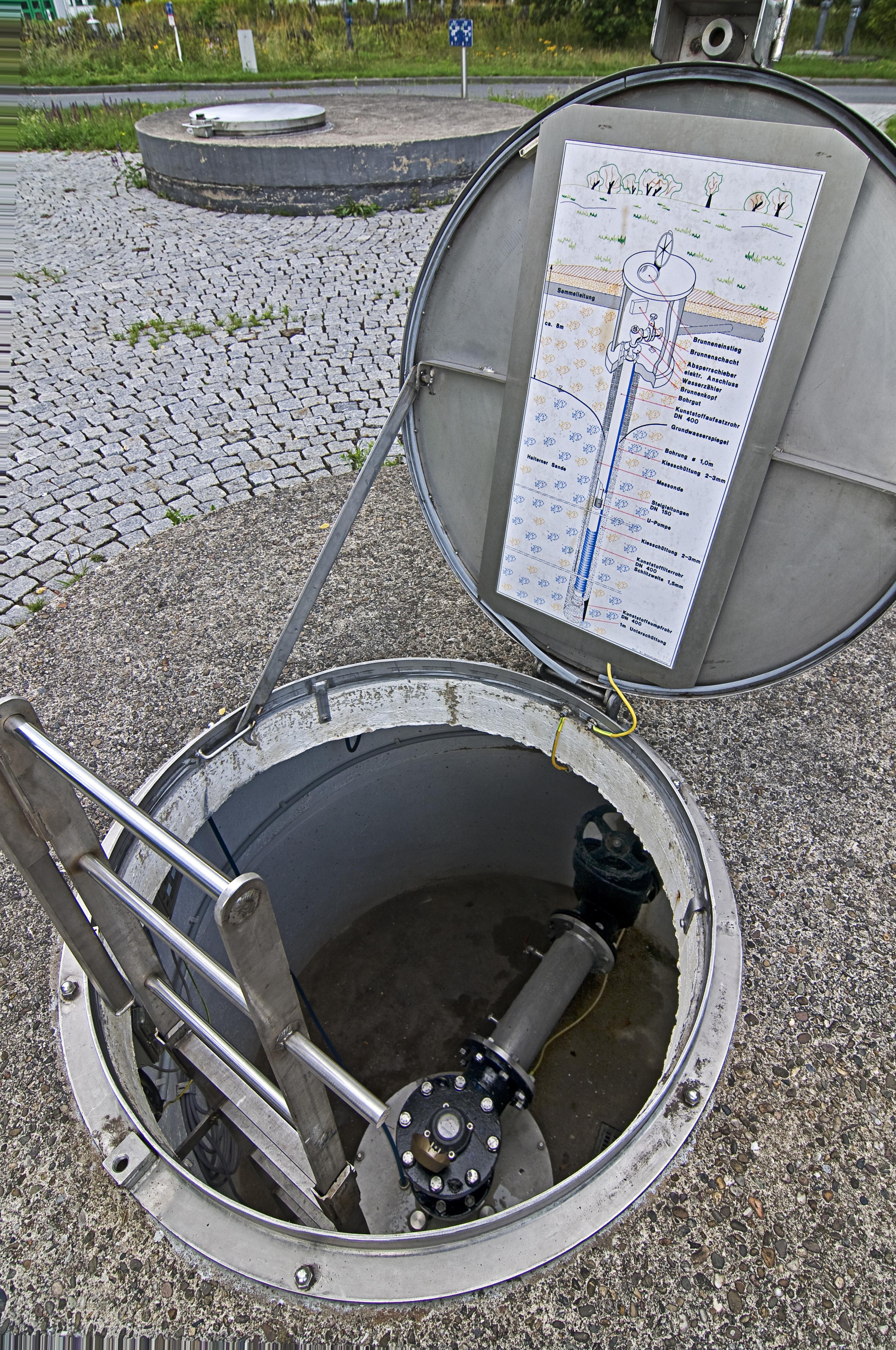 Offener Schacht zur Kommunikationstechnik mit einer Leiter und einer Skizze im Deckel, die ein Rohrsystem zeigt. Der Bereich ist von Kopfsteinpflaster umgeben.