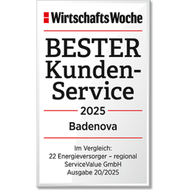 WirtschaftsWoche-Siegel „Bester Kundenservice 2025“ für badenova im Vergleich von 22 regionalen Energieversorgern.