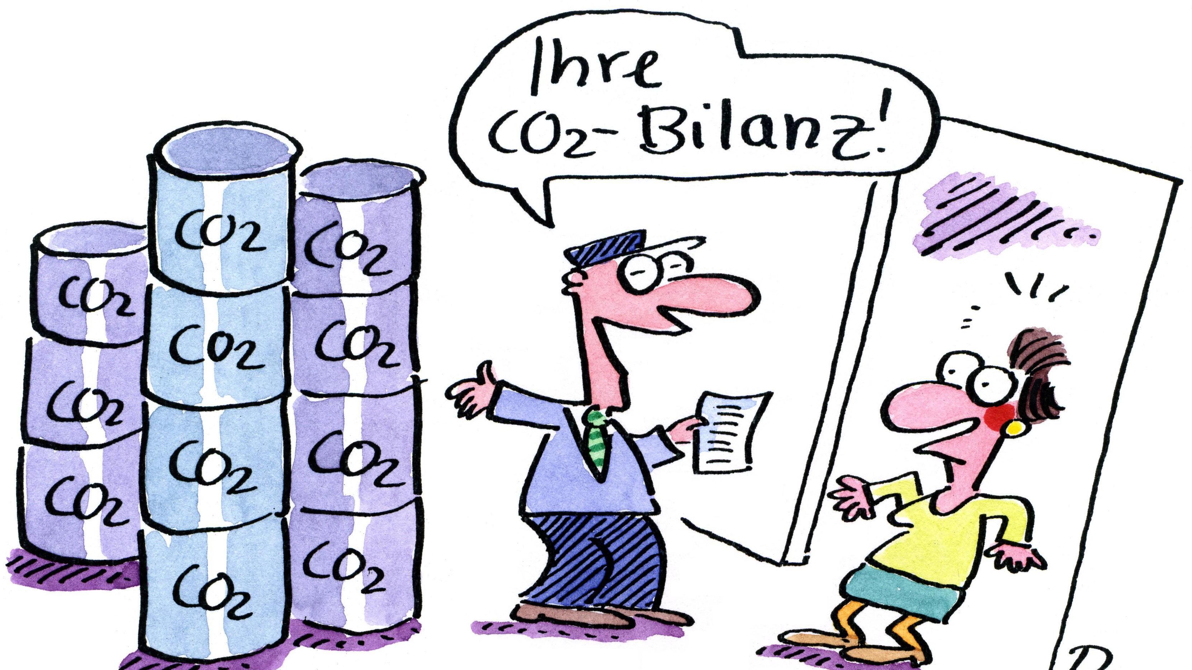 Karikatur eines Mannes mit einem CO2-Bericht, der auf Fässer mit der Aufschrift „CO2“ zeigt, und einer überraschten Frau, die mit großen Augen reagiert. In der Sprechblase steht: „Ihre CO2-Bilanz!“