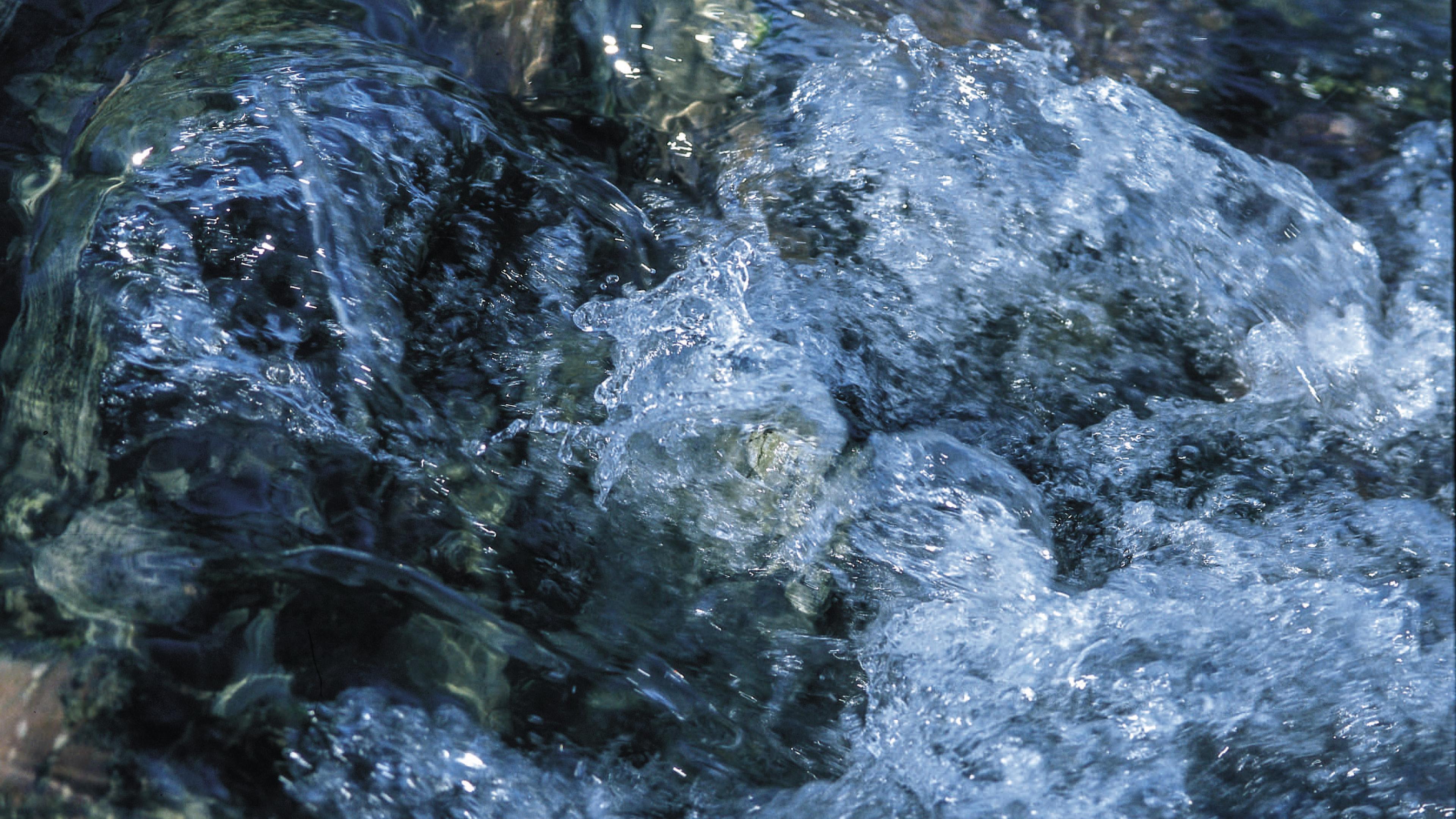Nahaufnahme von klarem, rauschendem Wasser über Felsen, die die Bewegung und die Lichtreflexe auf der Wasseroberfläche einfängt.