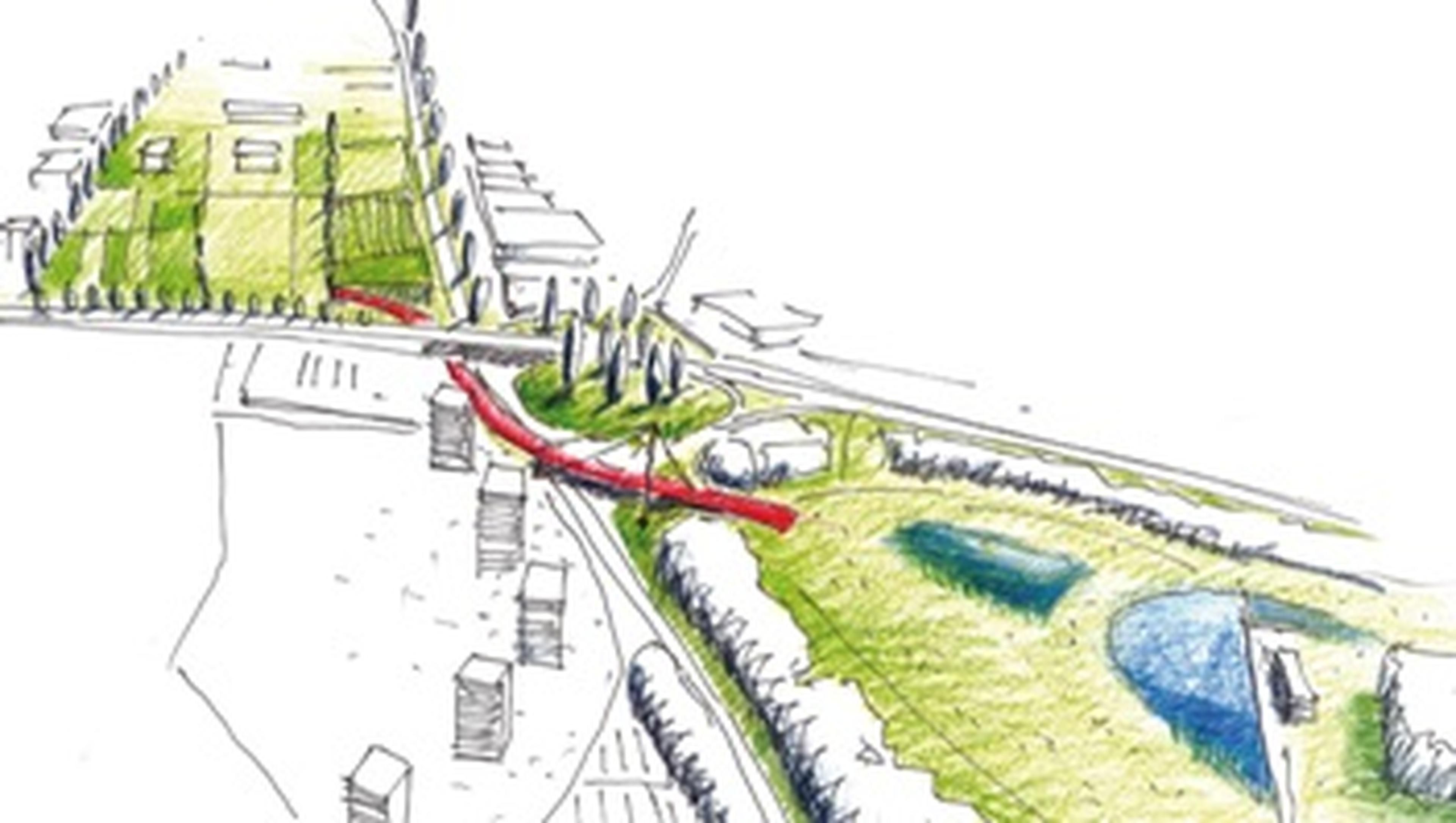 Darstellung eines Stadtparkentwurfs mit einem roten Weg, Grünflächen, Bäumen, Wasserspielen und umliegenden Gebäuden.