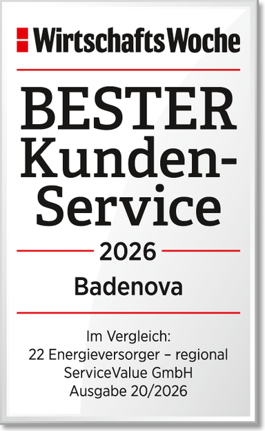 Ein Siegel von der Wirtschafts Woche mit der Aufschrift Bester Kundenservice 2026 Badenova. Im Vergleich 22 Energieversorger - regional, Service Value GmbH, Ausgabe 20/2026