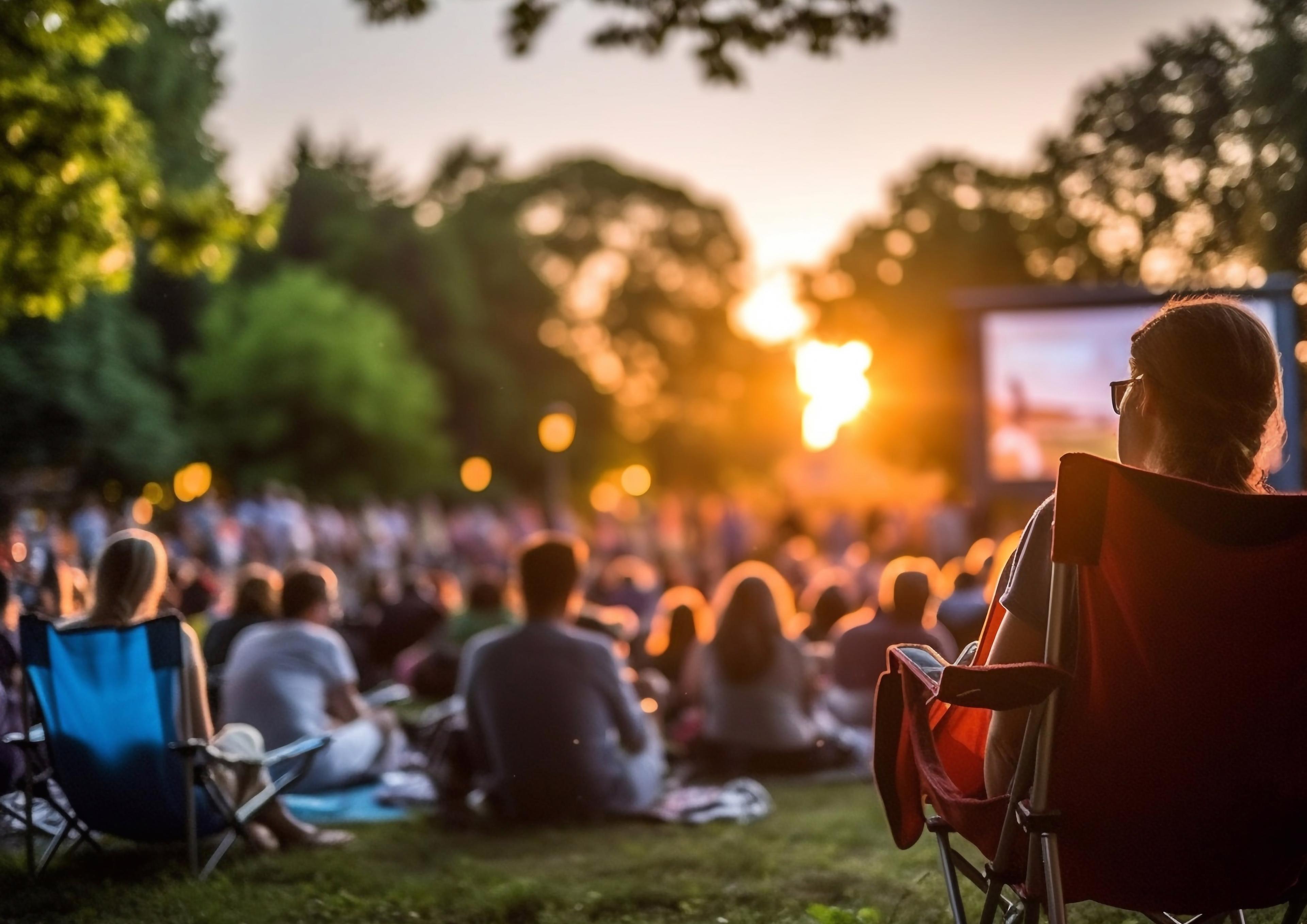 Filmvorführung im Freien bei Sonnenuntergang, bei der die Leute auf Stühlen und Decken sitzen und in einem Park auf die Leinwand schauen.