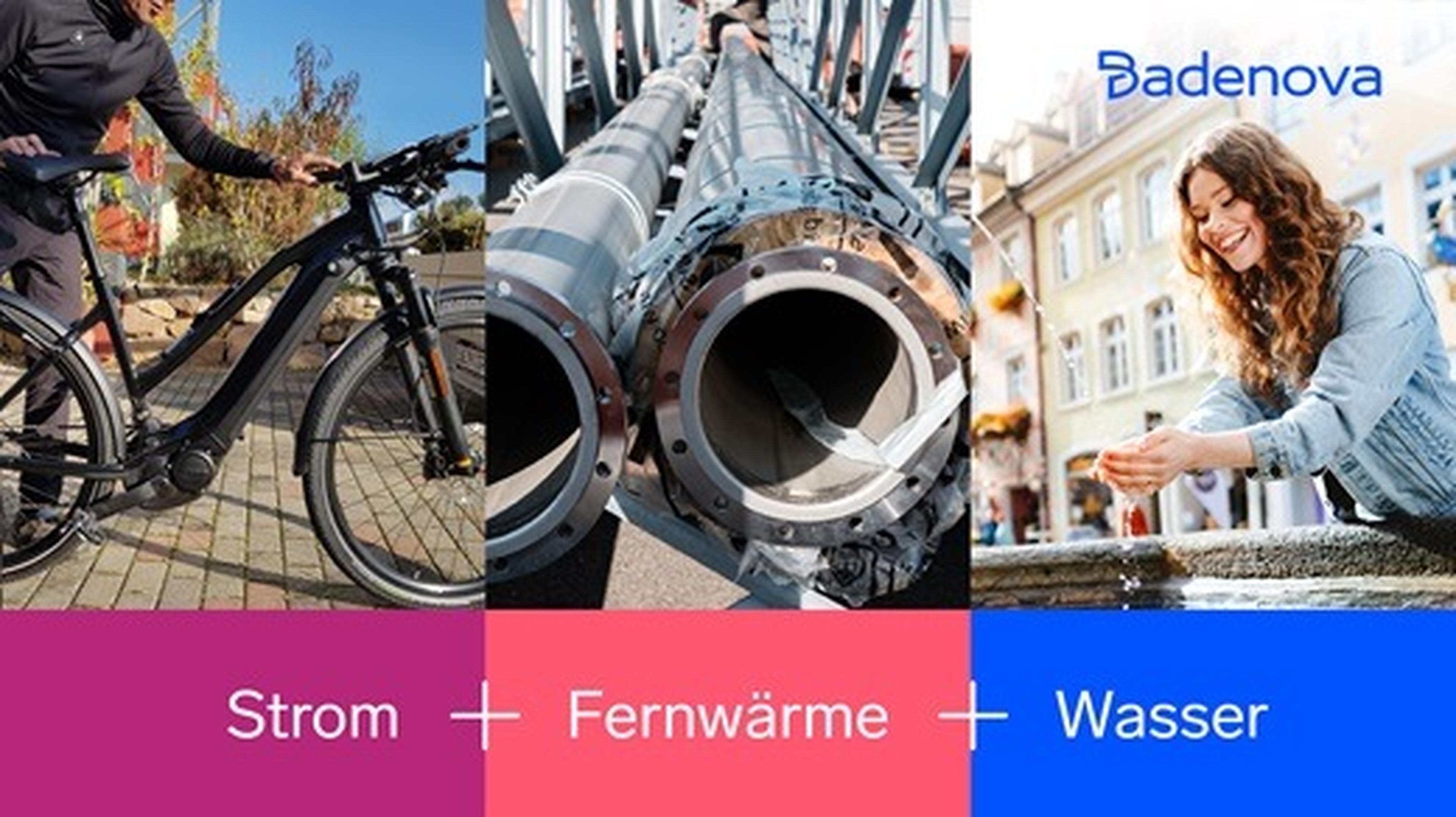 Three images: a person with a bike, industrial pipes, and a woman at a water fountain. Text: "Strom + Fernwärme + Wasser" and "Badenova."