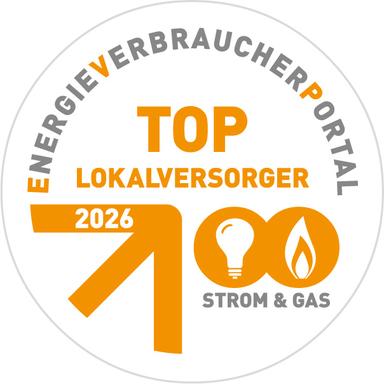 Rundes Logo mit dem Schriftzug „Energieverbraucherportal“, „Top Lokalversorger 2026“ in Orange und Symbolen für Strom und Gas.