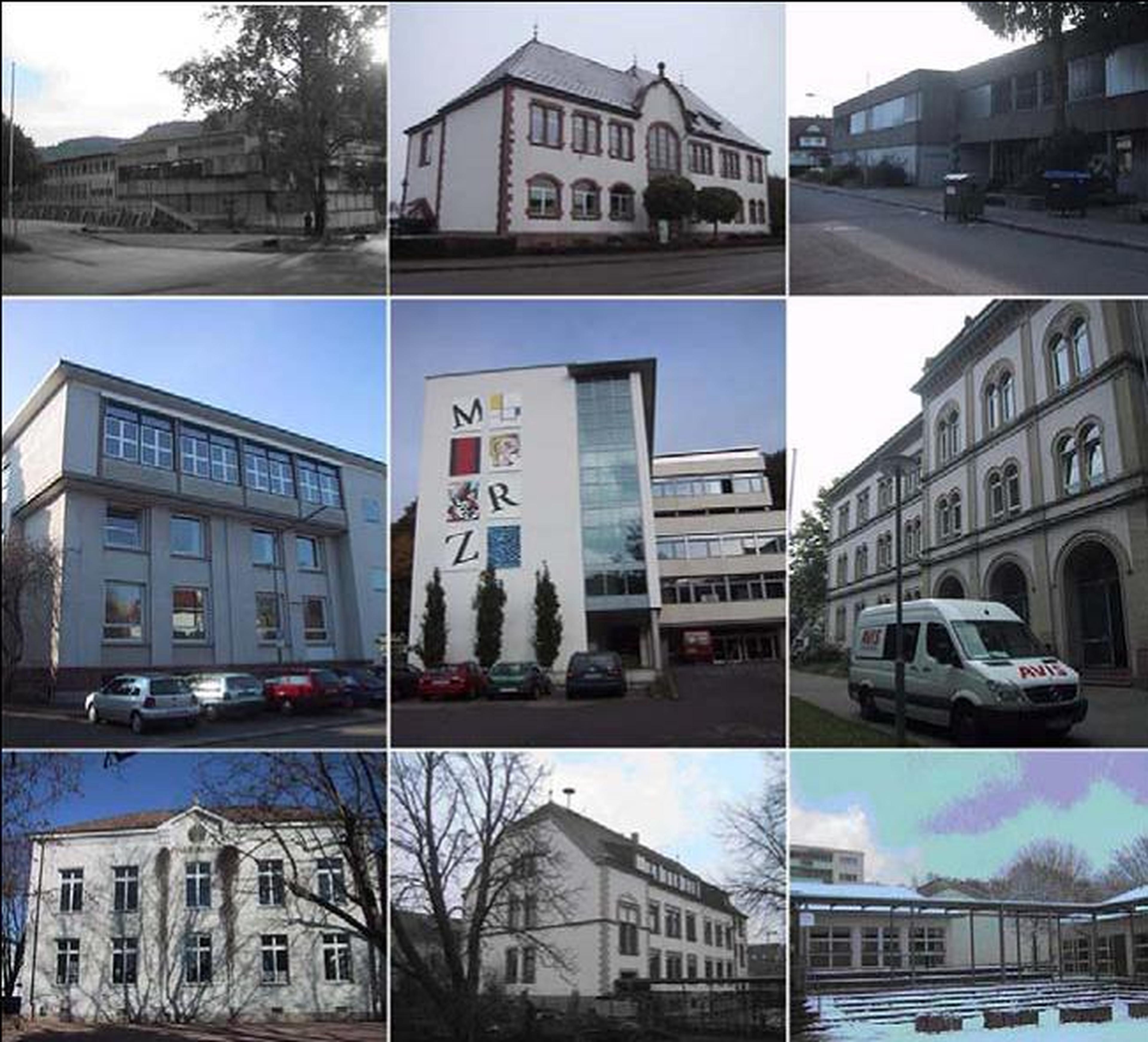 Eine Collage aus neun verschiedenen Gebäuden, darunter moderne und traditionelle Architektur, wobei auf einigen Bildern Fahrzeuge und Bäume zu sehen sind.