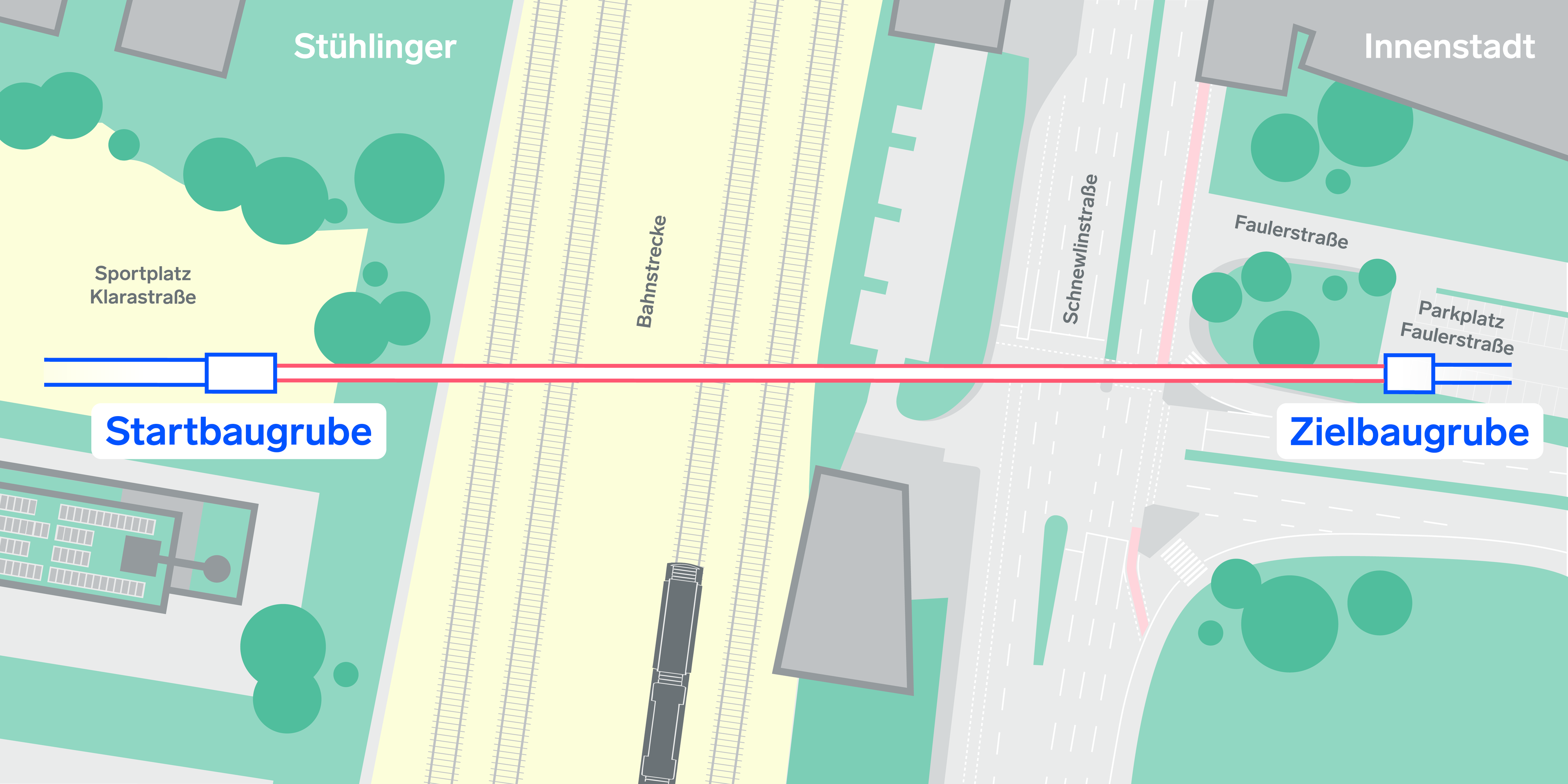 Karte des geplanten Energietunnel Freiburgs