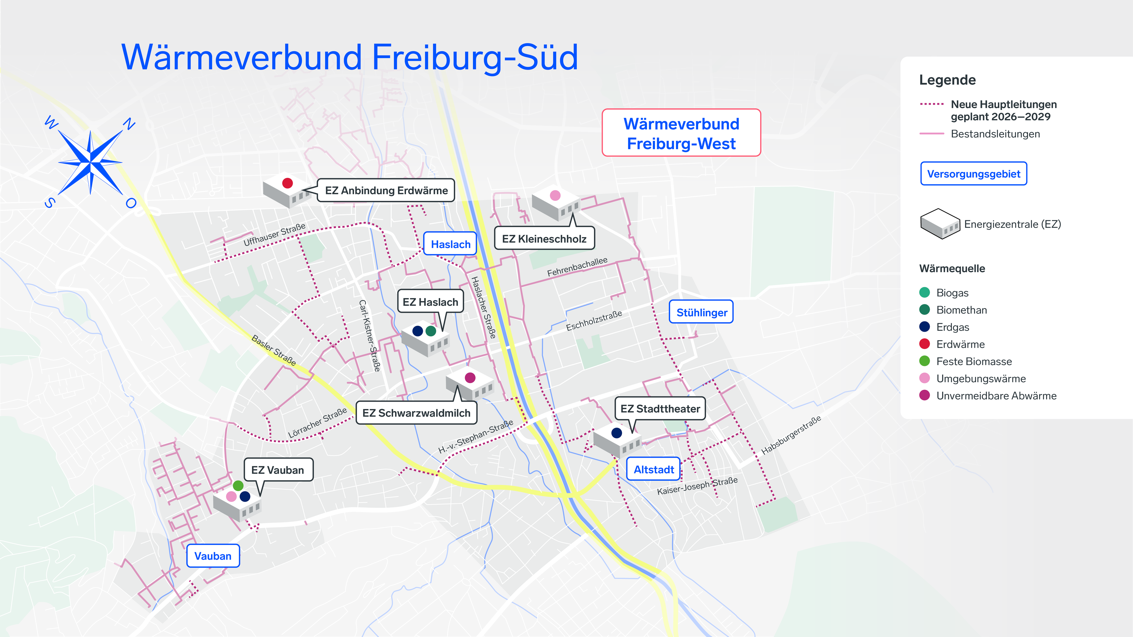 Fernwärenetz des Wärmeverbunds Freiburg-Süd