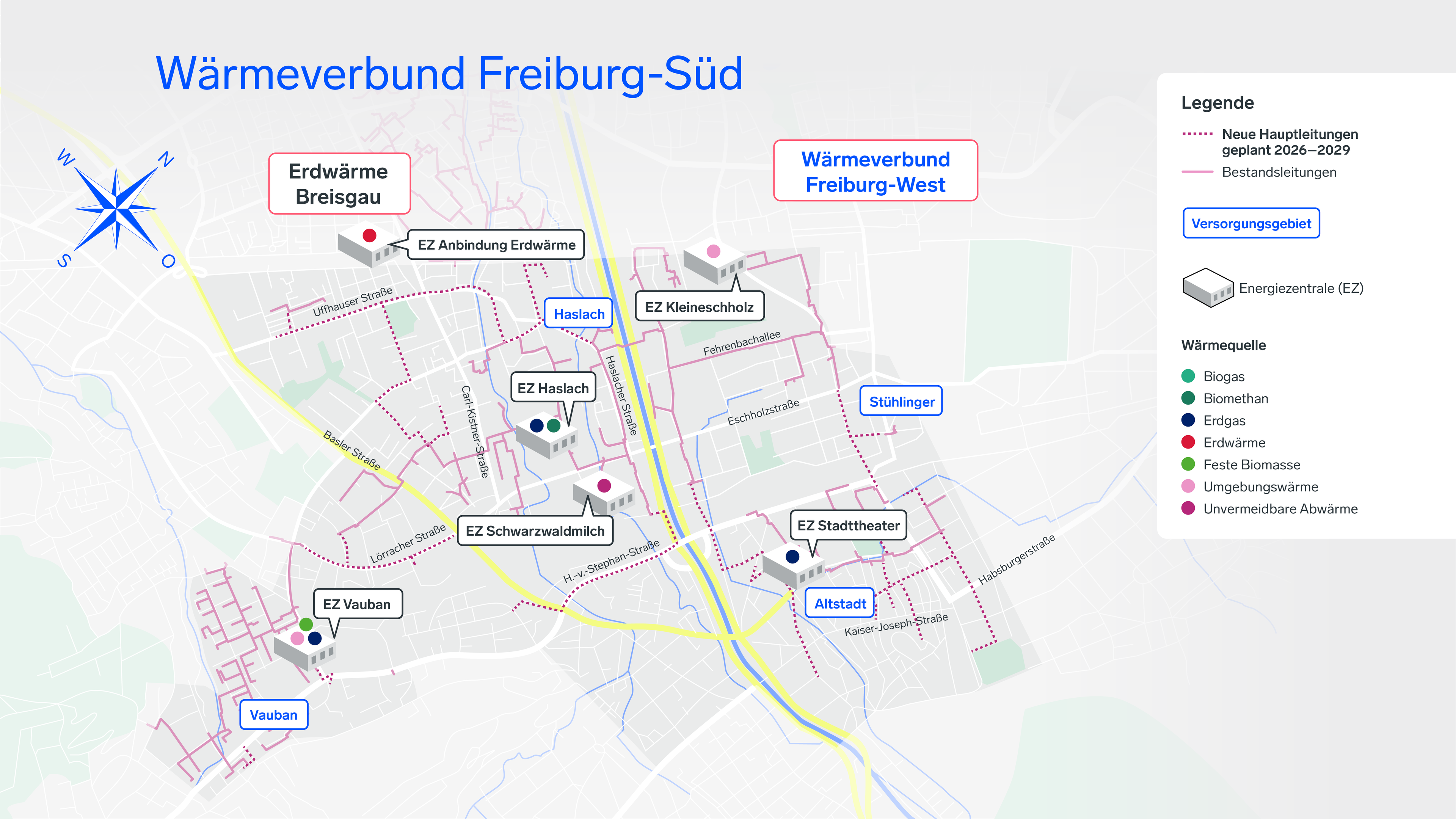 Karte des Wärmeverbunds Freiburg-West mit Abbildung der Bestands- und Ausbauleitungen